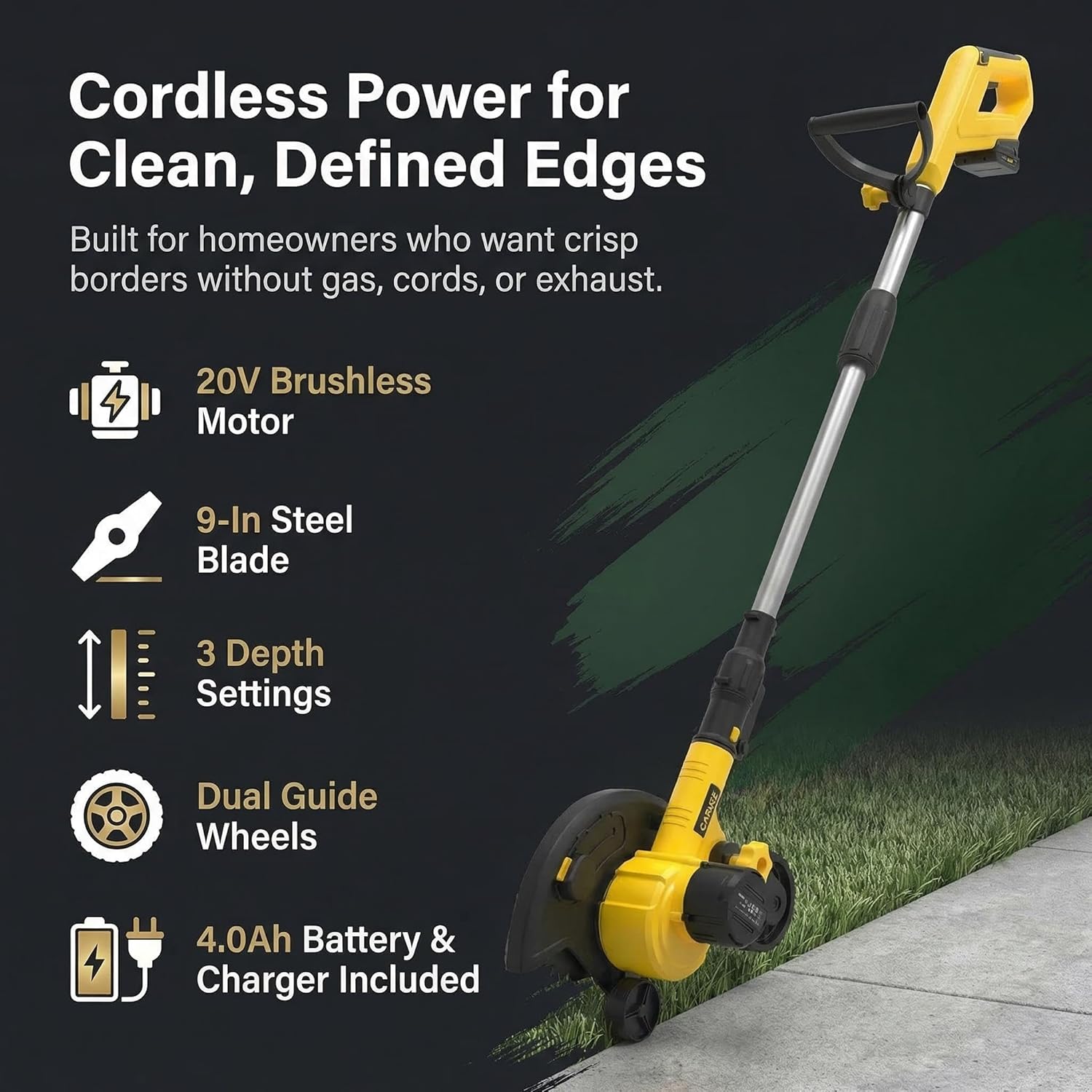 20V Cordless Lawn Edger, Brushless Battery Powered Edger Lawn Tool with 9-Inch Steel Blade, 4.0Ah Battery & Charger, 3 Depth Settings, Adjustable Handle, Dual Wheels Yard Edger, Yellow
