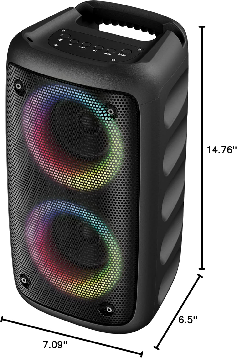Diagram showing the dimensions of the IQ Sound IQ-1944BT speaker: 7.09 inches deep, 6.5 inches wide, and 14.76 inches high.