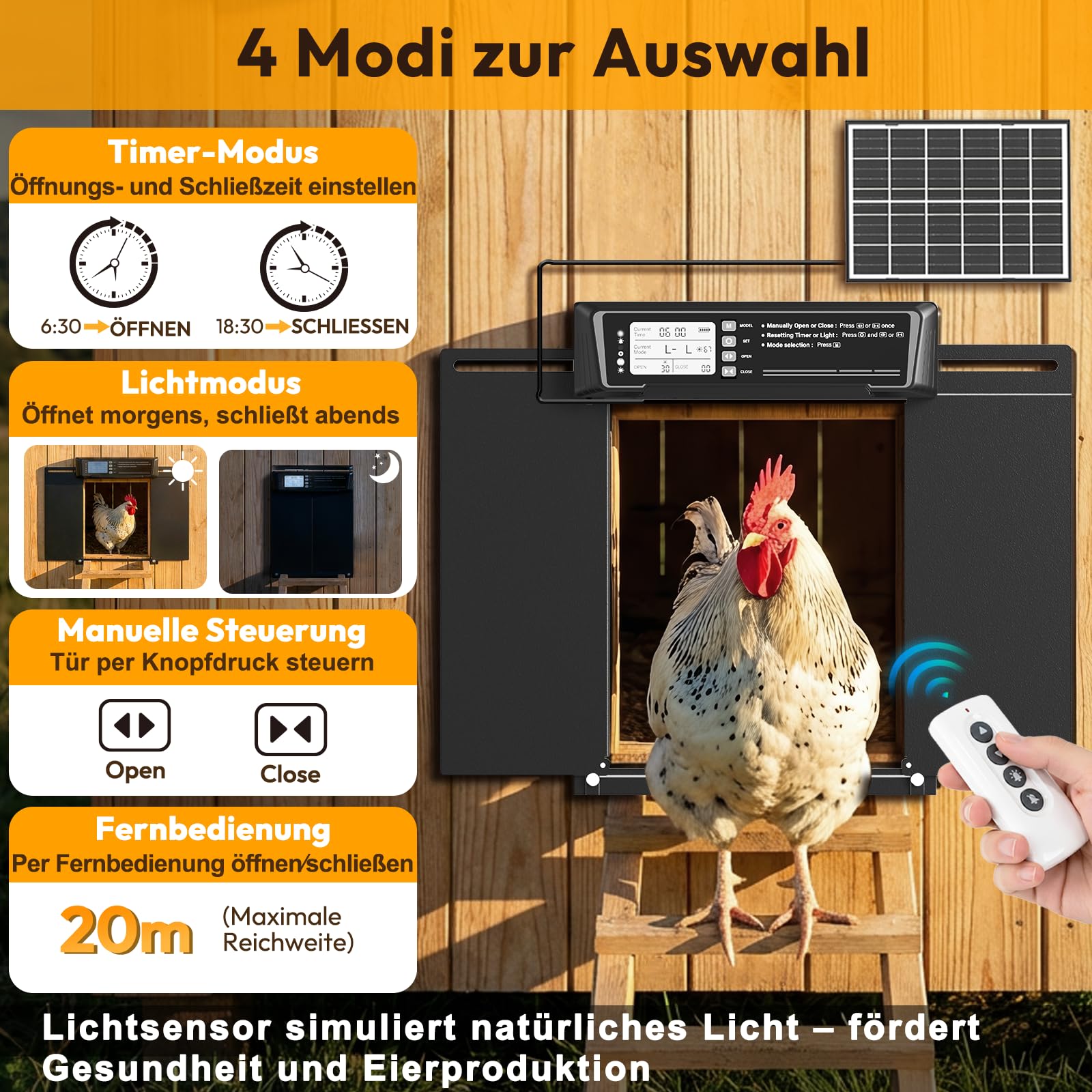 Automatische Hühnerklappe solar - Große mit Zeit/Handmodus Einklemmschutz | Anti-klemm, Solarbetriebene elektrische Hühnerklappe aus Aluminiumlegierung | 20M Fernbedienung | Hochkapazitätsbatterie