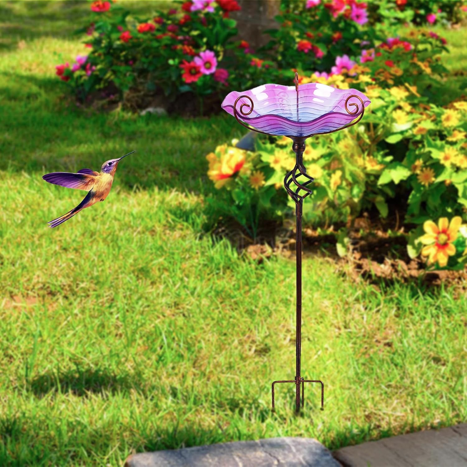 MUMTOP 31 Inch Height Glass Birdbaths, Outdoor Bird Bath Birdfeeder with Metal Stake Garden Yard Outside, Purple