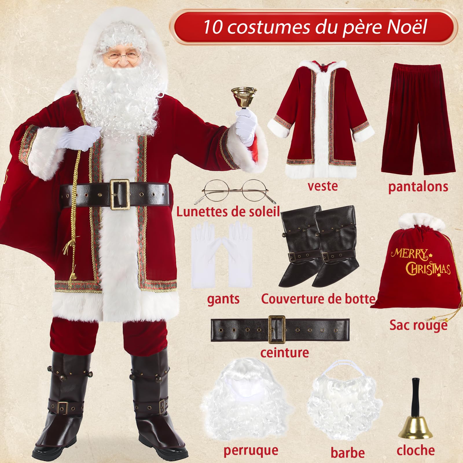 10 Pièces Costume de Père Noël Luxe Pour Hommes Costume Cosplay Pour Adultes Tenue En Velours Rouge Pour Les Fêtes