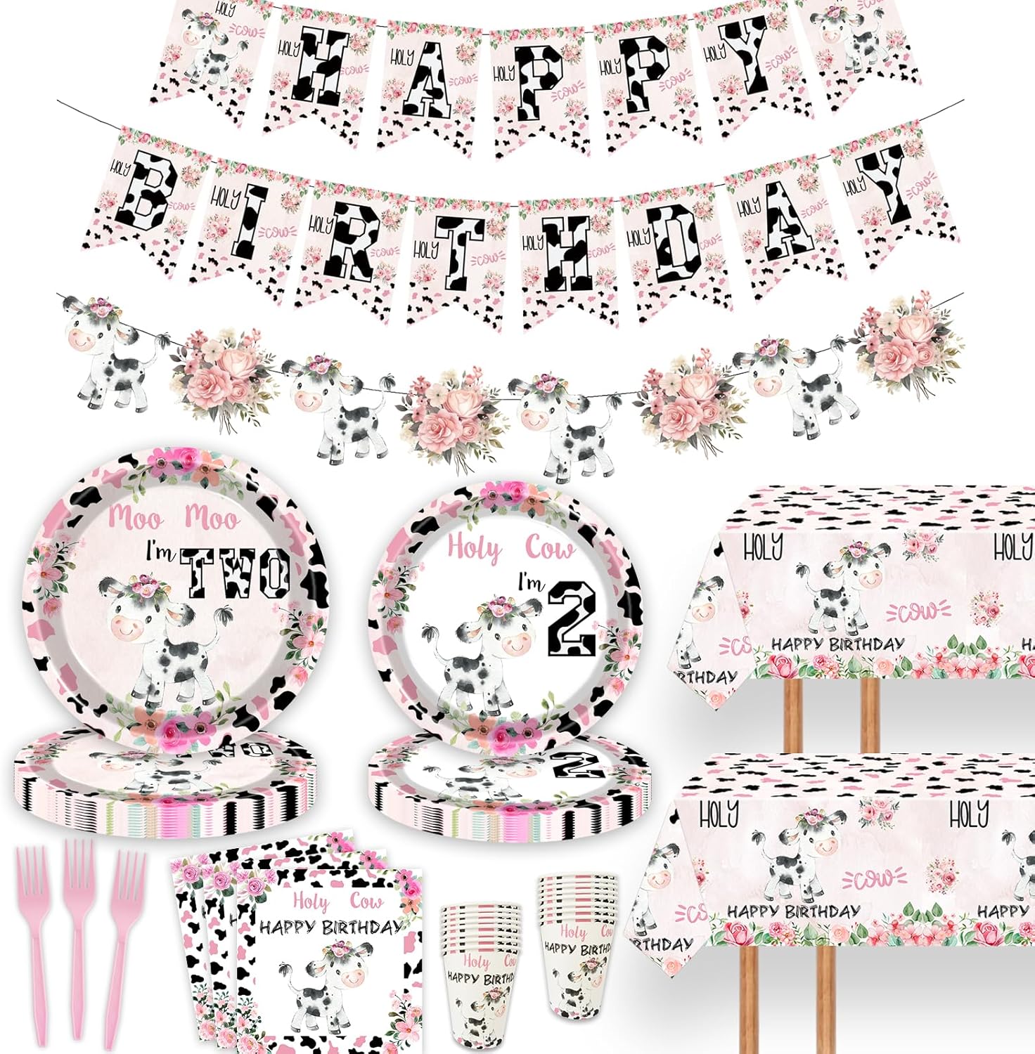 80 Pcs Holy Cow I'm Two Girls Birthday Decorations Moo Moo I'm Two Paper Dinner Plates Napkins Forks Dinnerware for Farm Animals Cow Themed Girls 2nd Birthday Party Supplies - Image 7