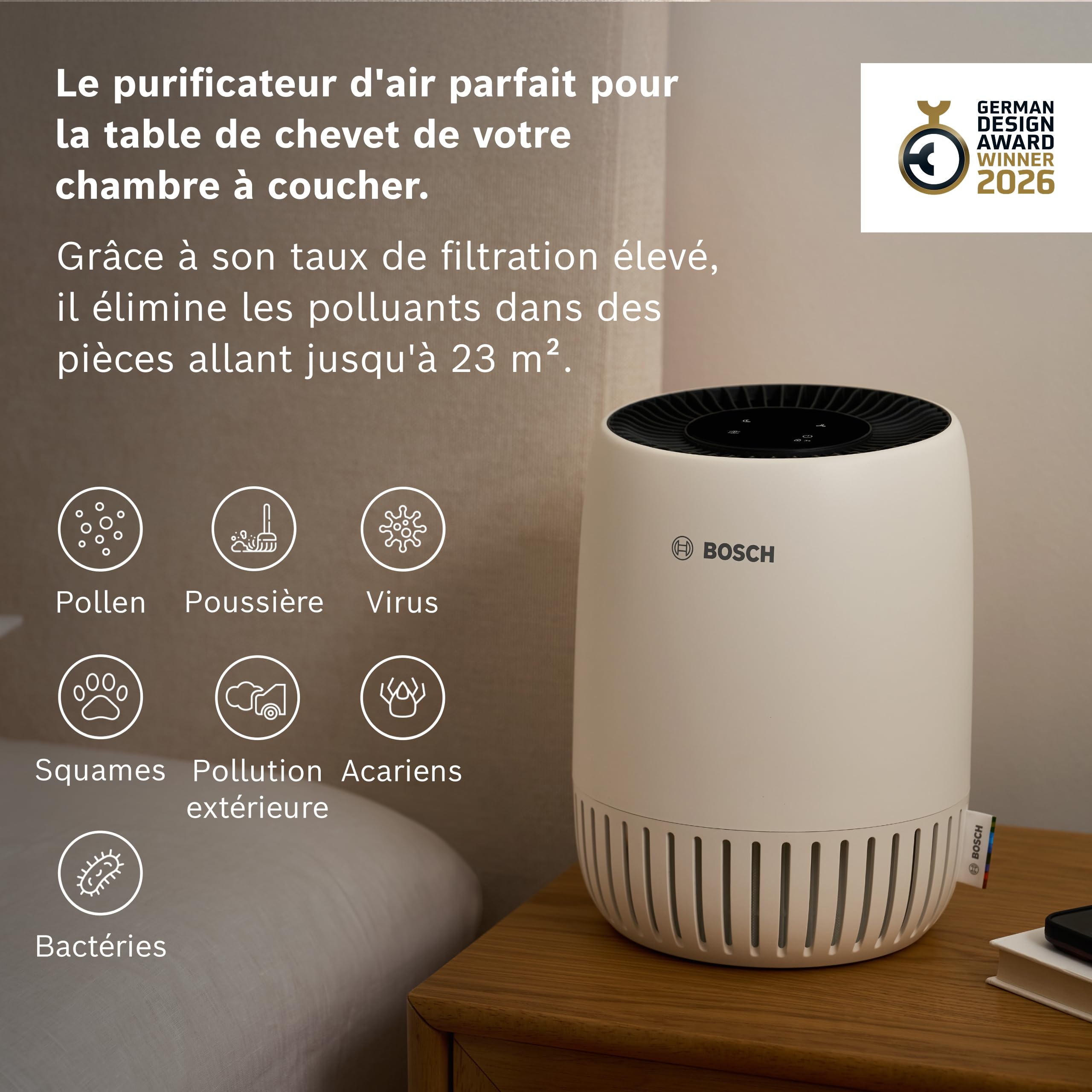 Bosch Air 500, Purificateur d'air, Pour pièces jusqu'à 23 m² | Avec filtre à air 2-en-1, mode automatique, mode silencieux (< 25 dB(A)), CADR : 70 m³/h