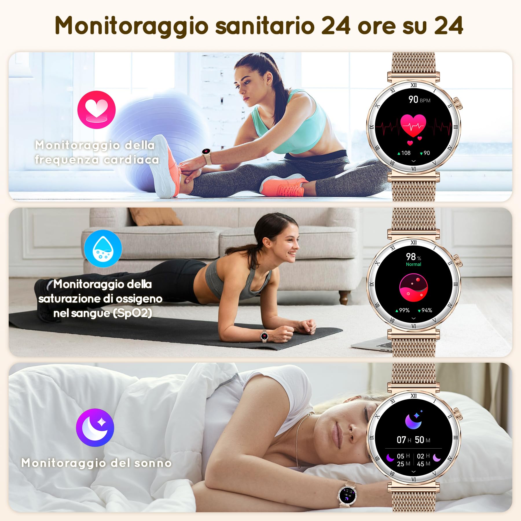 Smartwatch Donna 1,19" AMOLED Orologio con Chiamate Bluetooth, Smart Watch Rotondo con Monitoraggio Sonno/SpO2/FC,120+ Modalità Sportive, Pedometer, IP68 Android/iOS, 3 Cinturini (Oro rosa)