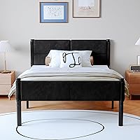 Henshwon 14-Inch Twin Metal Bed Frame with Underbed Storage, Heavy Duty No Box Spring, Upholstered Headboard, Easy Assembly, Black