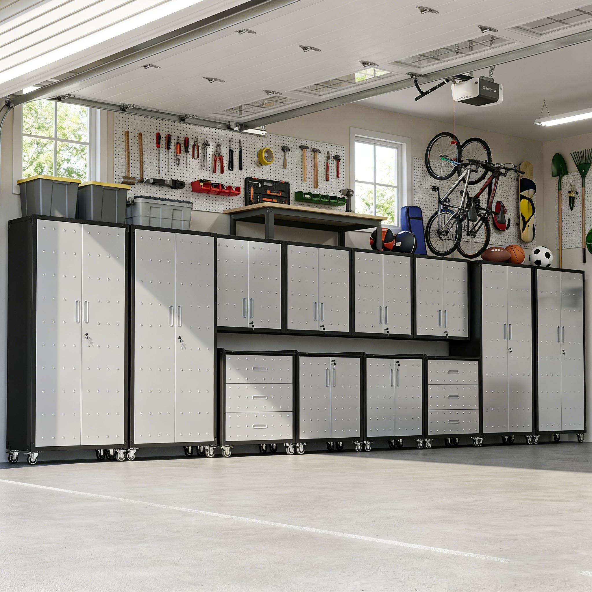 12-Piece Heavy Duty Steel Garage Cabinet System | All-in-One Modular Garage Cabinet Set for Ultimate Workshop Organization | Easy Assembly Garage Storage Cabinets &amp; Tool Bench