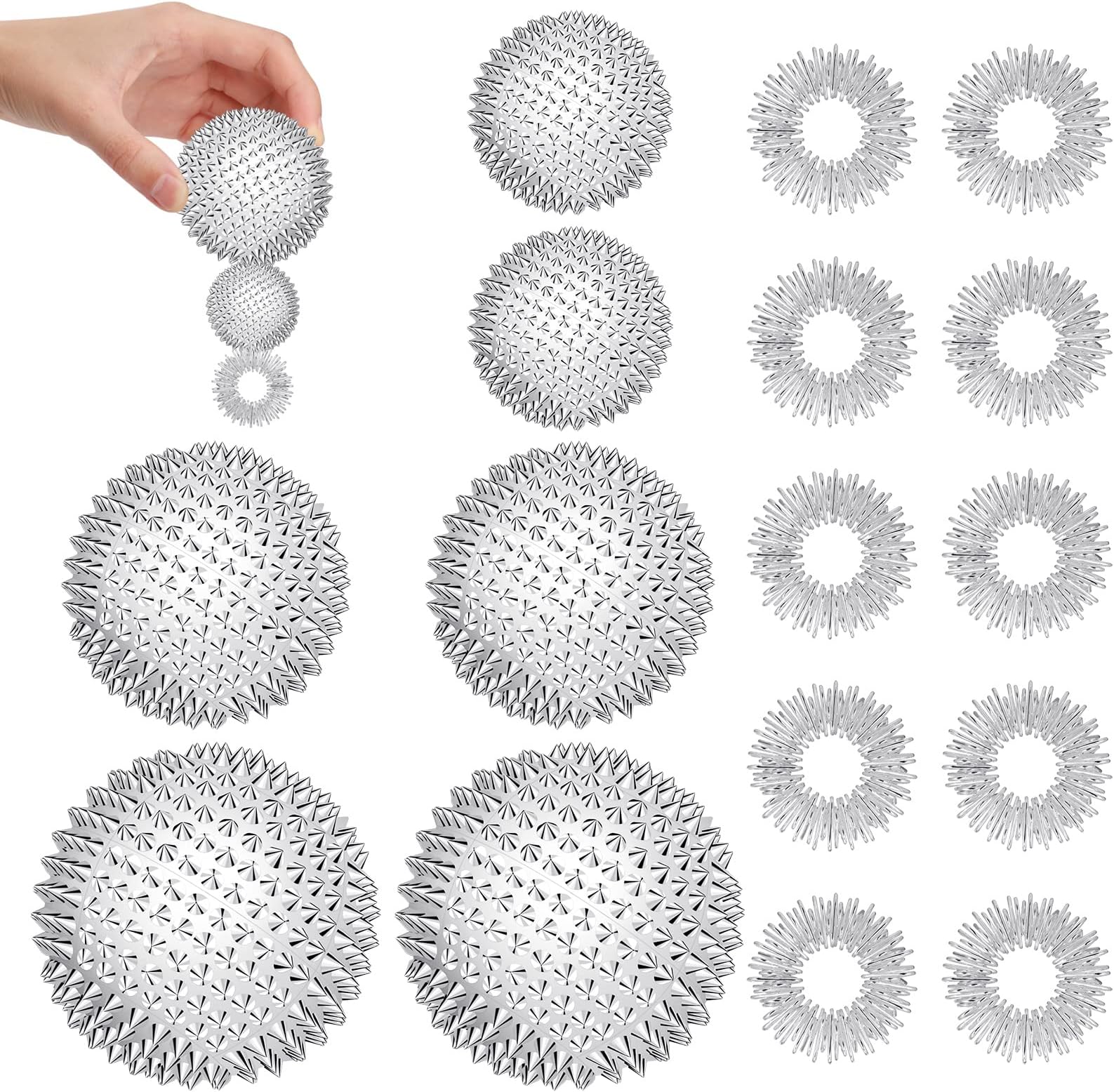 6Pcs Magnetic Acupressure Balls, Magnetic Hand Massage Balls with 10 Massage Rings for Plantar Fasciitis Recovery, Trigger Point Massage, Relax Tight Muscles (Silver)