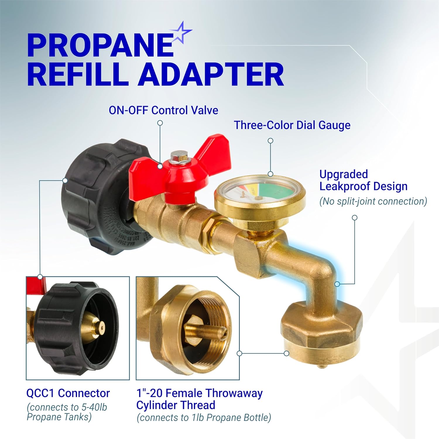 [Upgraded Leakprook] BlueStars Propane Refill Adapter for 1 LB. Tanks - Solid Brass Propane Adapter 20lb to 1lb Converter with Gauge Valve - Propane Refill Elbow Adapter for BBQ Grill Stove Camping RV