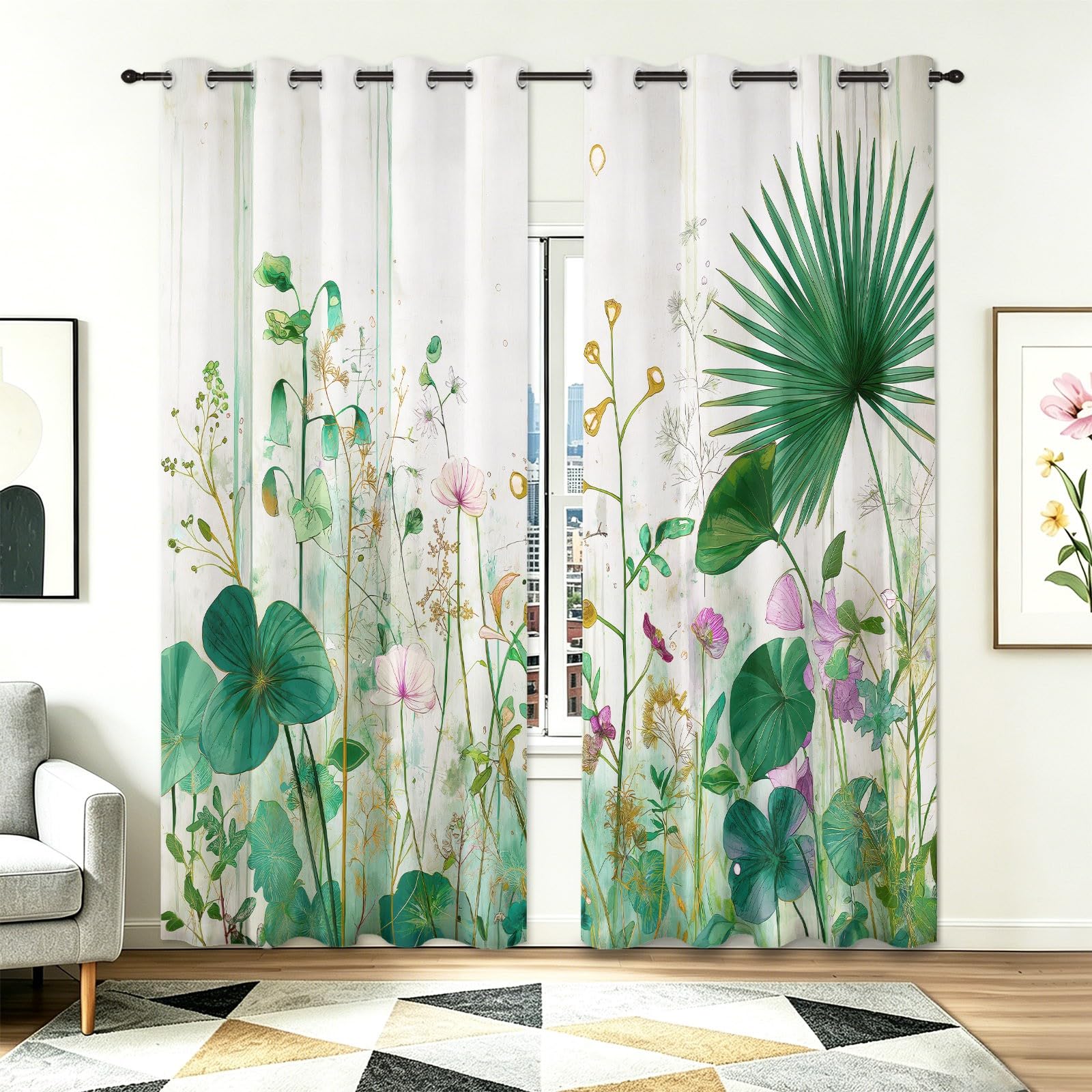 Akwarelowe, botaniczne liście palmowe, scena natura, zasłony na przelotkach szer. 117 cm x dł. 137 cm (2 panele), 100% blokada światła, 240 g/m², miękki materiał zapewnia najwyższą prywatność w