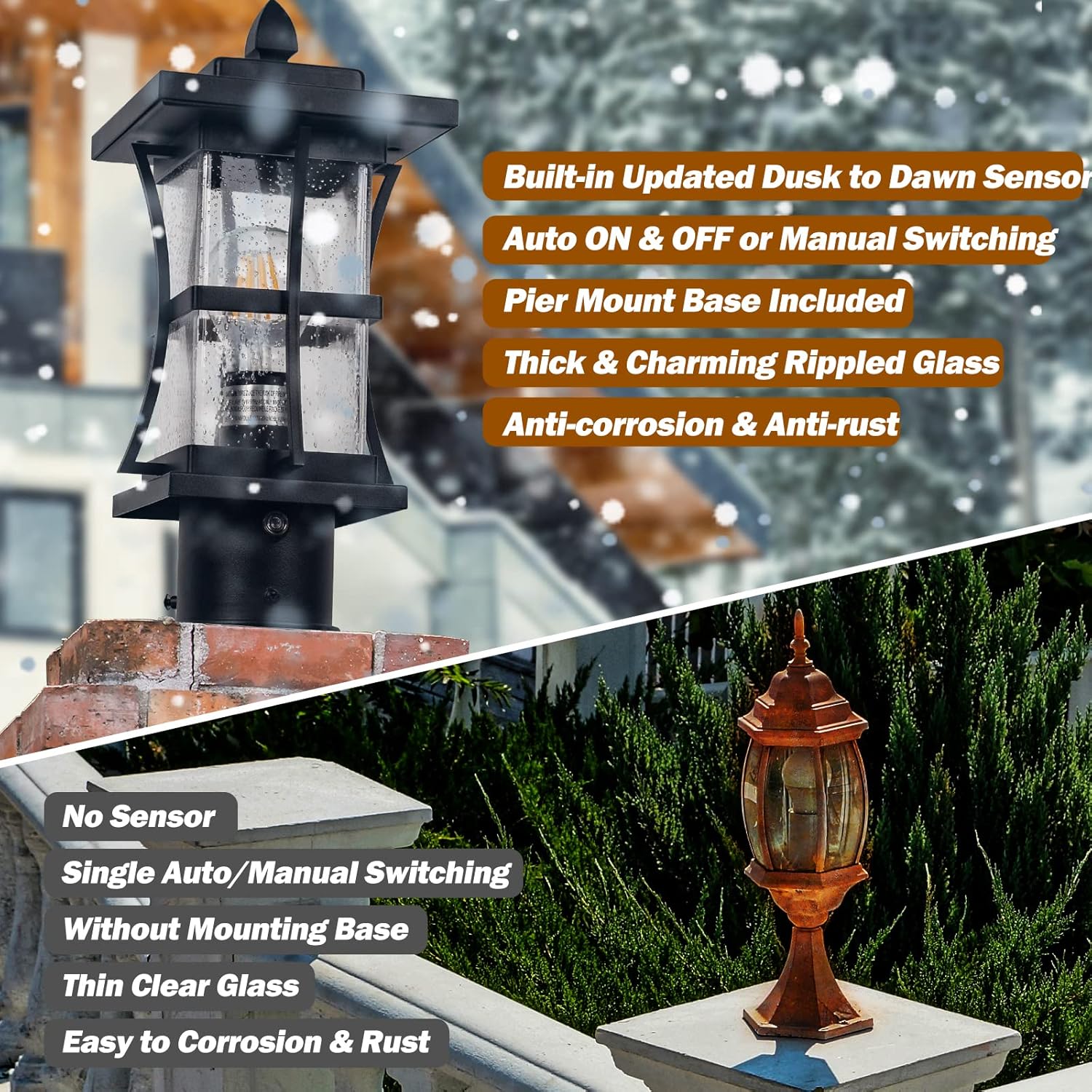2 Packs Dusk to Dawn Outdoor Post Light Fixture with Pier Mount Base - Black Outdoor Pole Lighting, Waterproof Pillar Lantern, Modern Outside Column with Seeded Glass for Pathway, Garden, Patio,