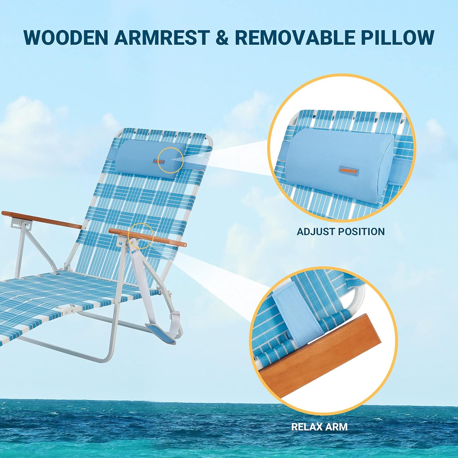#WEJOY 5 Adjustable Folding Webbing Beach Chaise Lounge Chair,Portable Recliner Chairs for Adults with Wooden Arm,Backpack Strap,Pillow for Outdoor Sunbathing Pool Side Sun Deck Lawn Patio Camping : Patio, Lawn & Garden