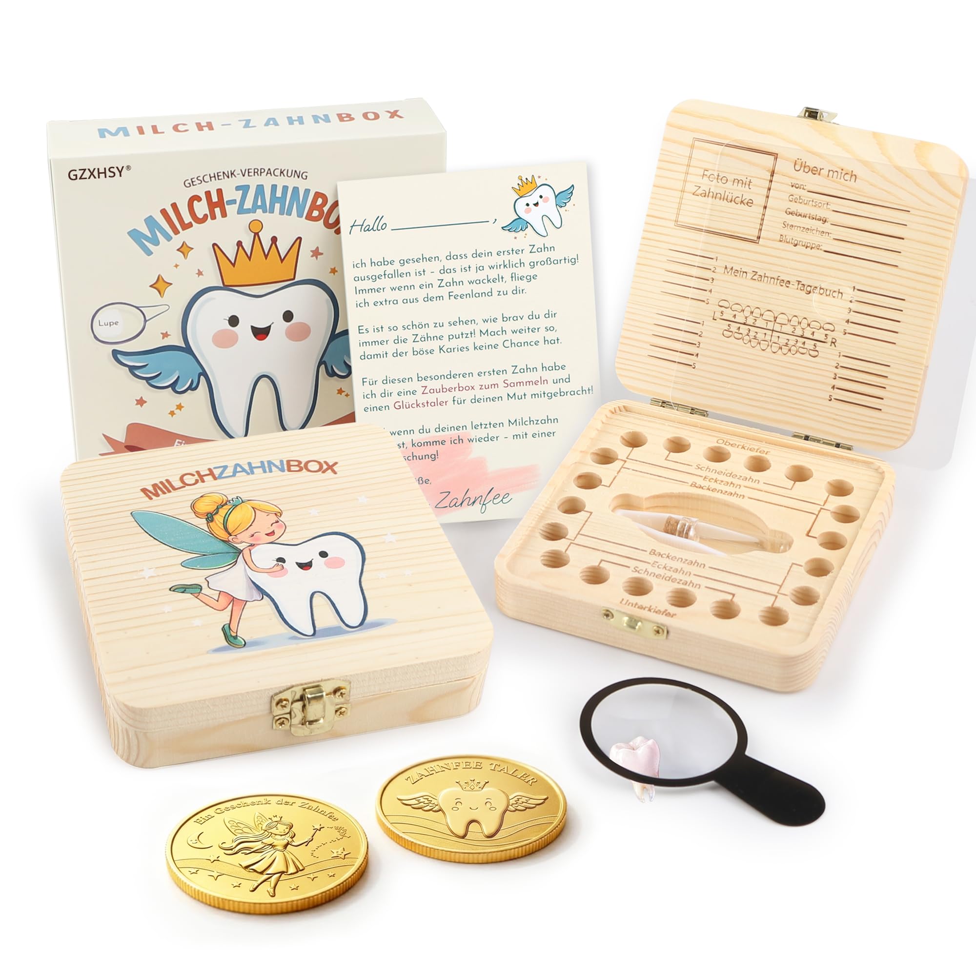 Gzxhsy Milchzahndose mit bunten Motiven für Jungen und Mädchen | Zahnfee Geschenk set mit 2 Münzen, Lupe & Brief | zahnbox für Milchzähne (Quadratisch - Zahn und Zahnfee)