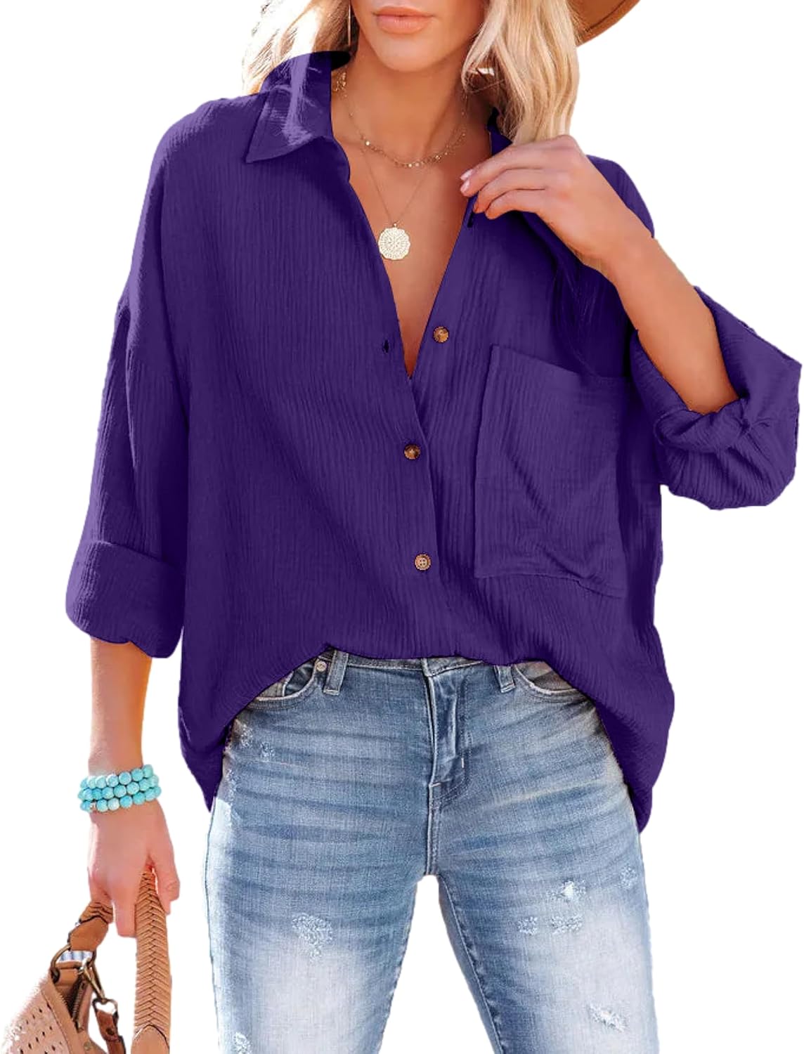 Oversized Button Down Shirts for Women Cotton Boyfriend Long Sleeve Work Blouses Tops