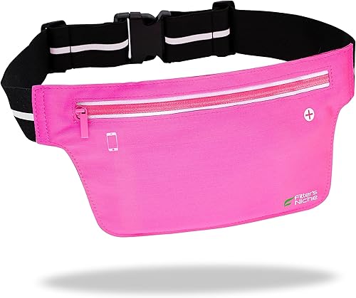 Fitter's Niche Riñonera UltraSlim Bolsa resistente al agua, cinturón elástico reflectante Se adapta a cinturas de 24 a 43 pulgadas, soporta