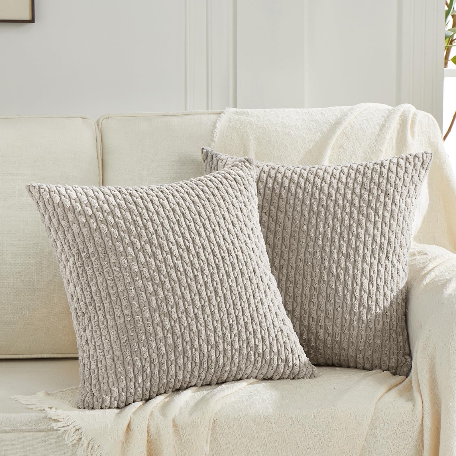 Fancy Homi Set of 2 Neutral Taupe Decorative Throw Pillow Covers 18x18 Inch for Couch Bed Sofa Bedroom, Modern Farmhouse Boho Home Decor, Soft Fluffy Textured Corduroy Cute Cushion Case 45x45 cm