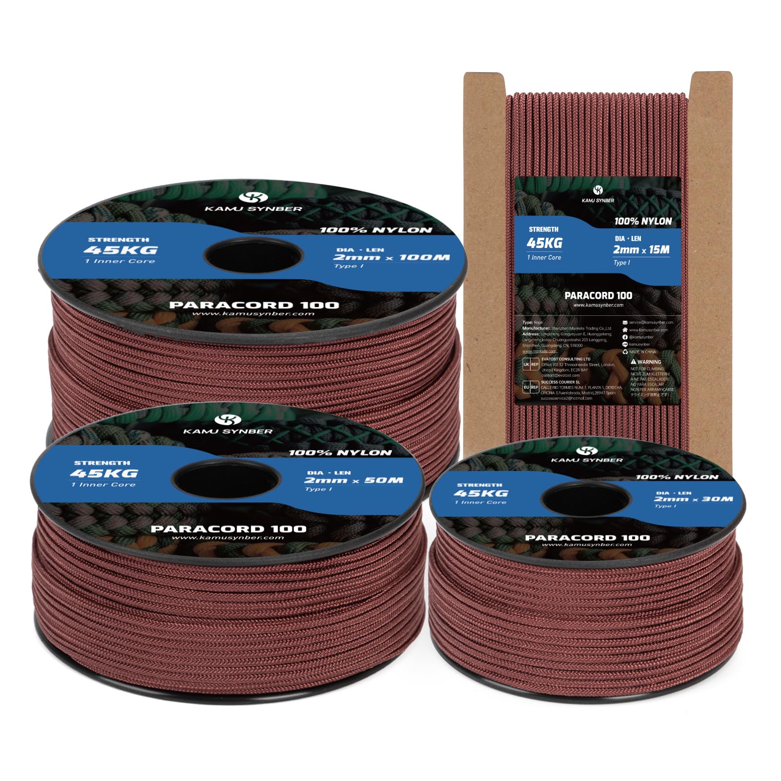 Kamu Synber 2mm Paracord 100M 100% Nylon Rope 1 Strand Type I Parachute Cord for Crafting, Outdoor, DIY, Camping | Support 45kg | Chocolate Brown