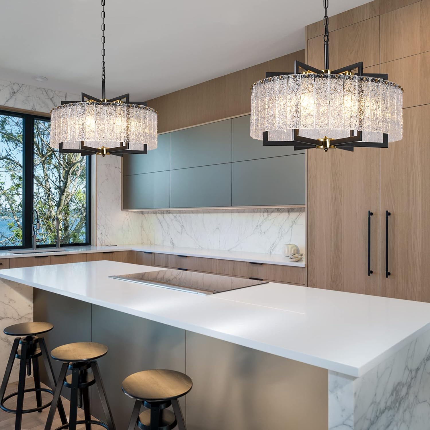 Modern Black Crystal Chandeliers for Dining Room, Elegant Chandelier Light Fixture for Kitchen Island, Water Ripple Glass, Drum Hanging Lights for Bar Table Entryway Foyer Hallway-24”