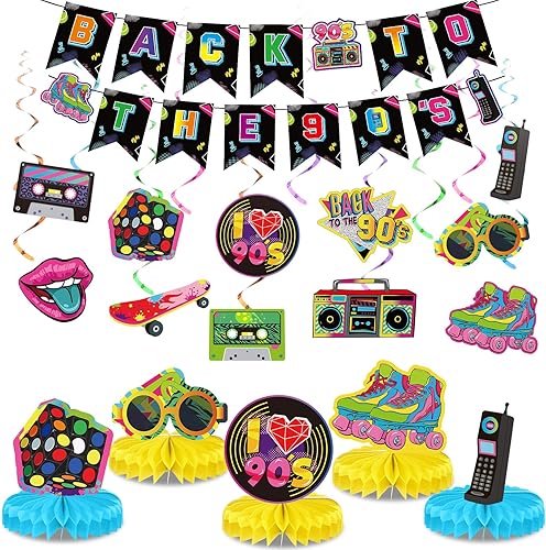 Miniatura 7 de Blosssound 27 piezas de decoraciones de fiesta de los años 80 y 90 años 1980 1990 Hip Hop Banner colgante remolinos techo decoración de panal para