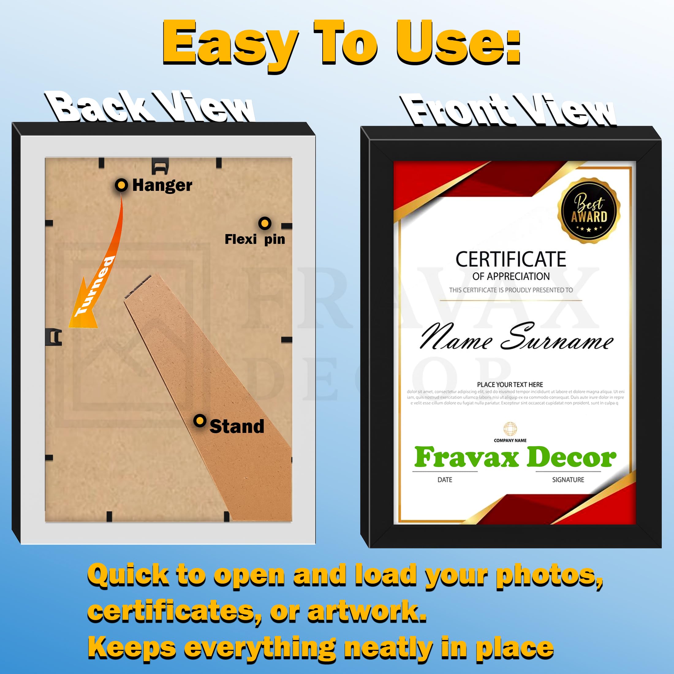 Fravax Decor A4 Certificate Frame Set of 1 | Black Wood Finish Document & Award Frames | 0.5 mm Unbreakable Acrylic Front | Wall & Tabletop Display for Degrees, Certificates & Photos 3