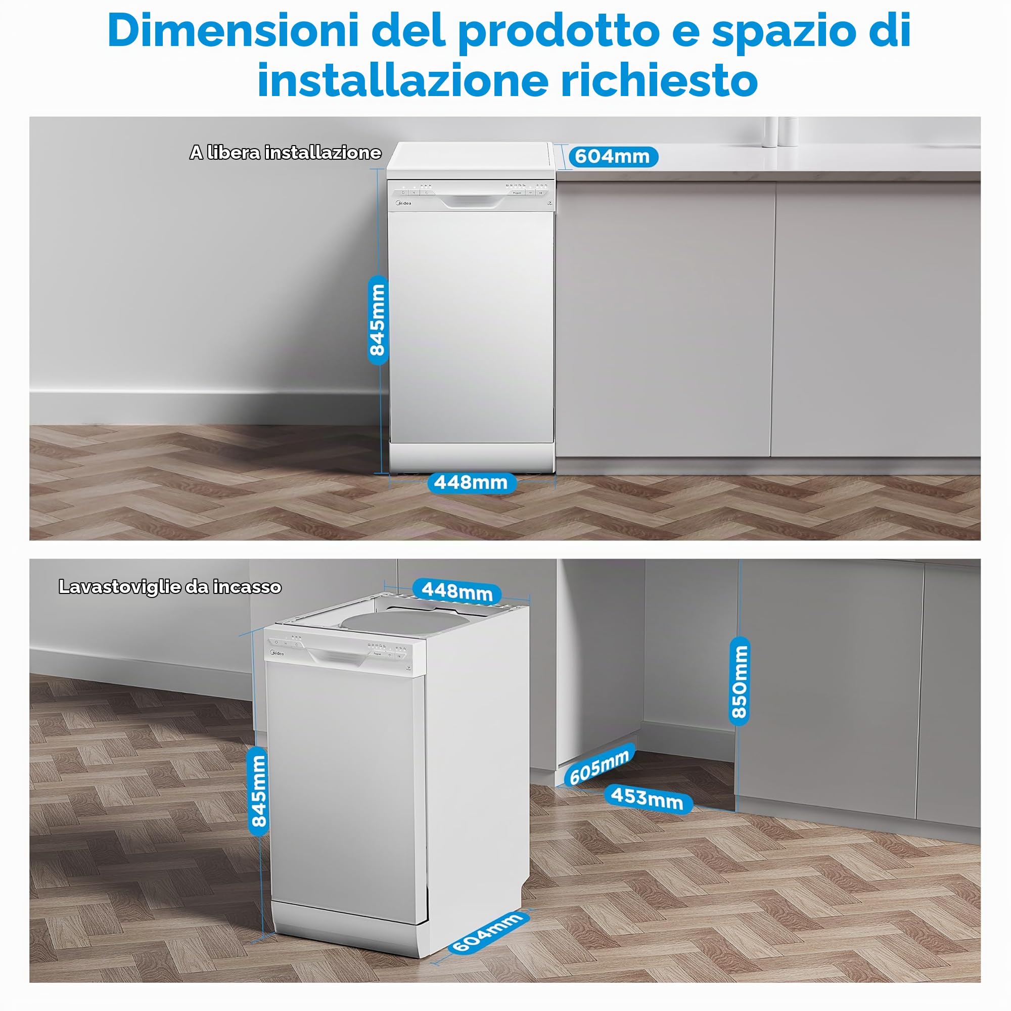 Midea SF 3.45NW PRO - Lavastoviglie da 45 cm, indipendente e da incasso, 9 coperti, lavastoviglie con Wi-Fi, 6 programmi, tempo di avvio 3/6/9h, 47 dB, bianco
