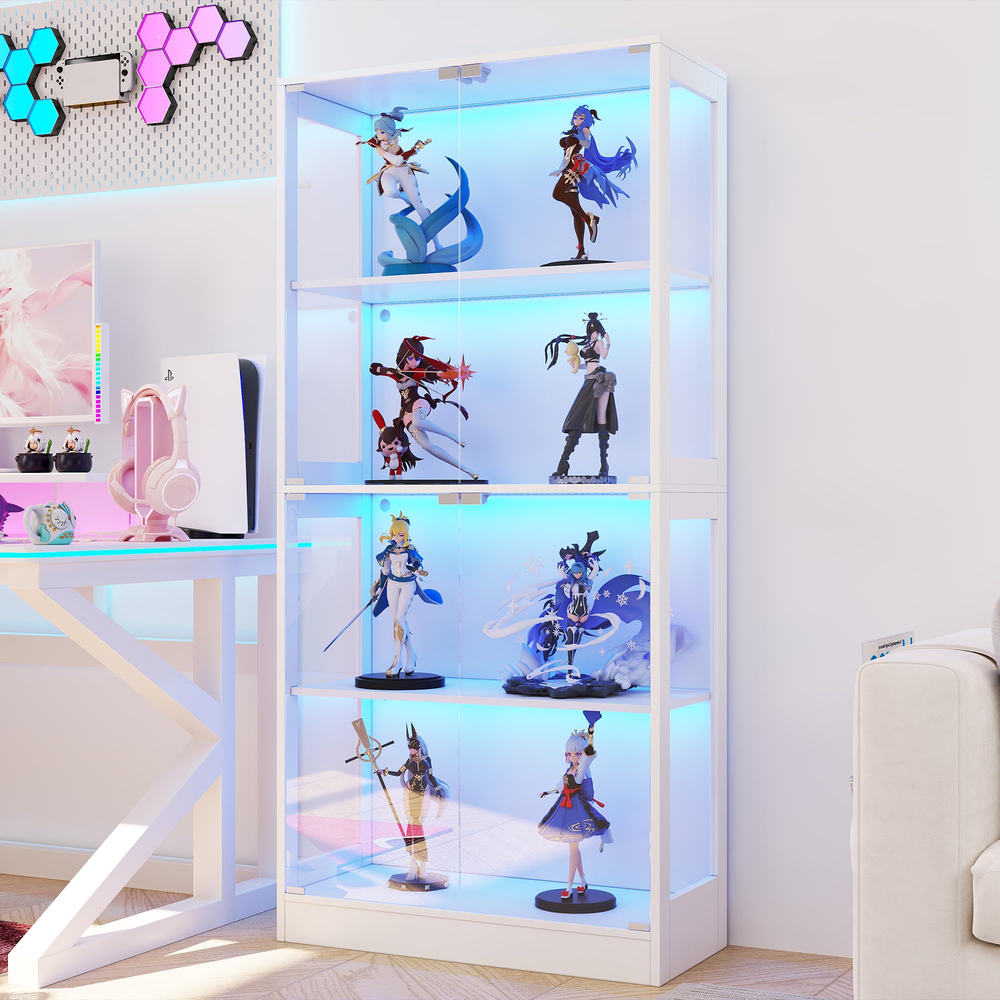 Soweiz Vitrina LED de cristal transparente, 4 niveles de almacenamiento, luz LED controlada por aplicación, puertas push to abiertas, vitrina para figuras y modelos (blanco, 80 x 35 x 170 cm)
