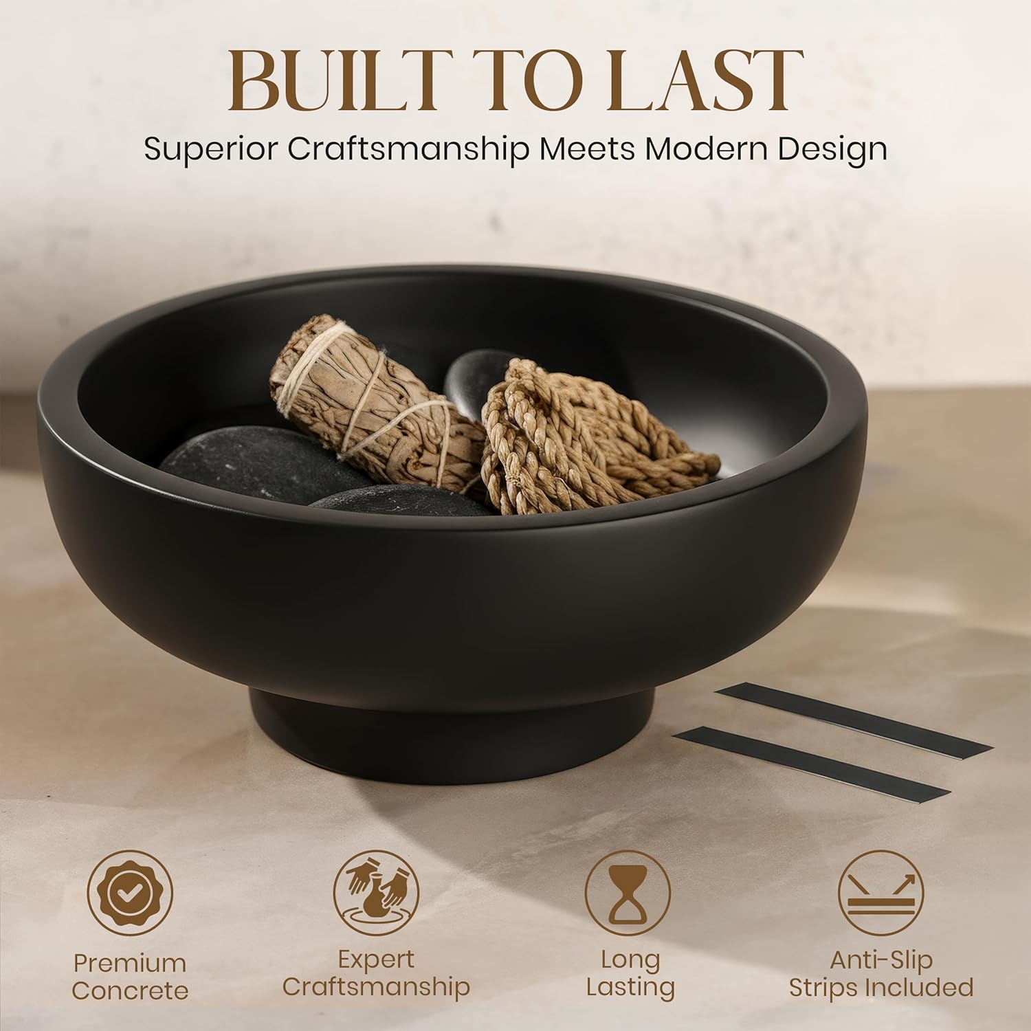 Handmade Concrete Bowl - 10x5x4.25 Inch Decorative Centerpiece Bowl for Fruits, Coffee Table, Kitchen Counter, Entryway or Shelf - Modern Minimalistic Decor (Black)