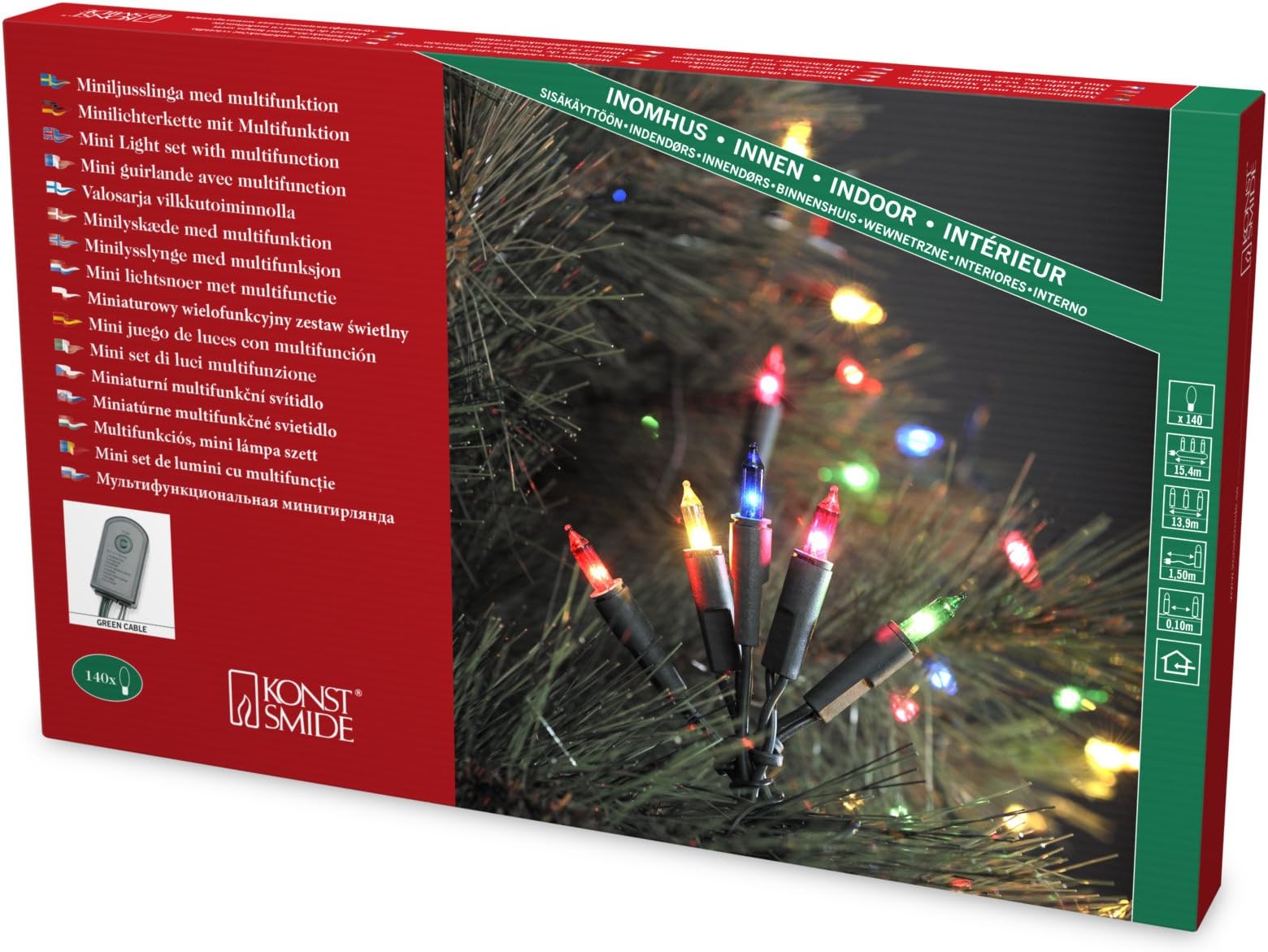 Konstsmide Christmas Lights / Multi Traditional Fairy Light Set On Green Cable / Indoor Use Lights (IP20) / Multifunction Controller Including Static / 140 Multi Coloured Christmas Lights, 1124-500EE