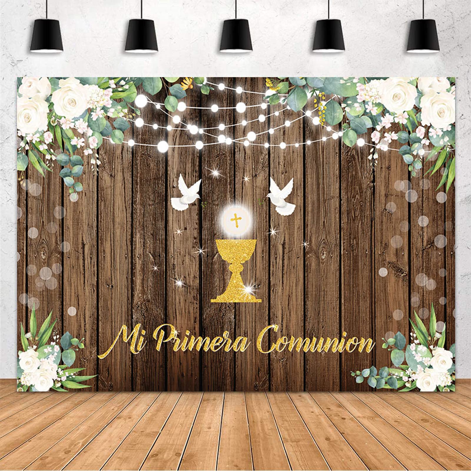 MEHOFOND 7x5ft Mi Primera Comunion Backdrop First Holy Communion Baptism Christening Party Decorations Rustic Wood God Bless Baby Shower Supplies