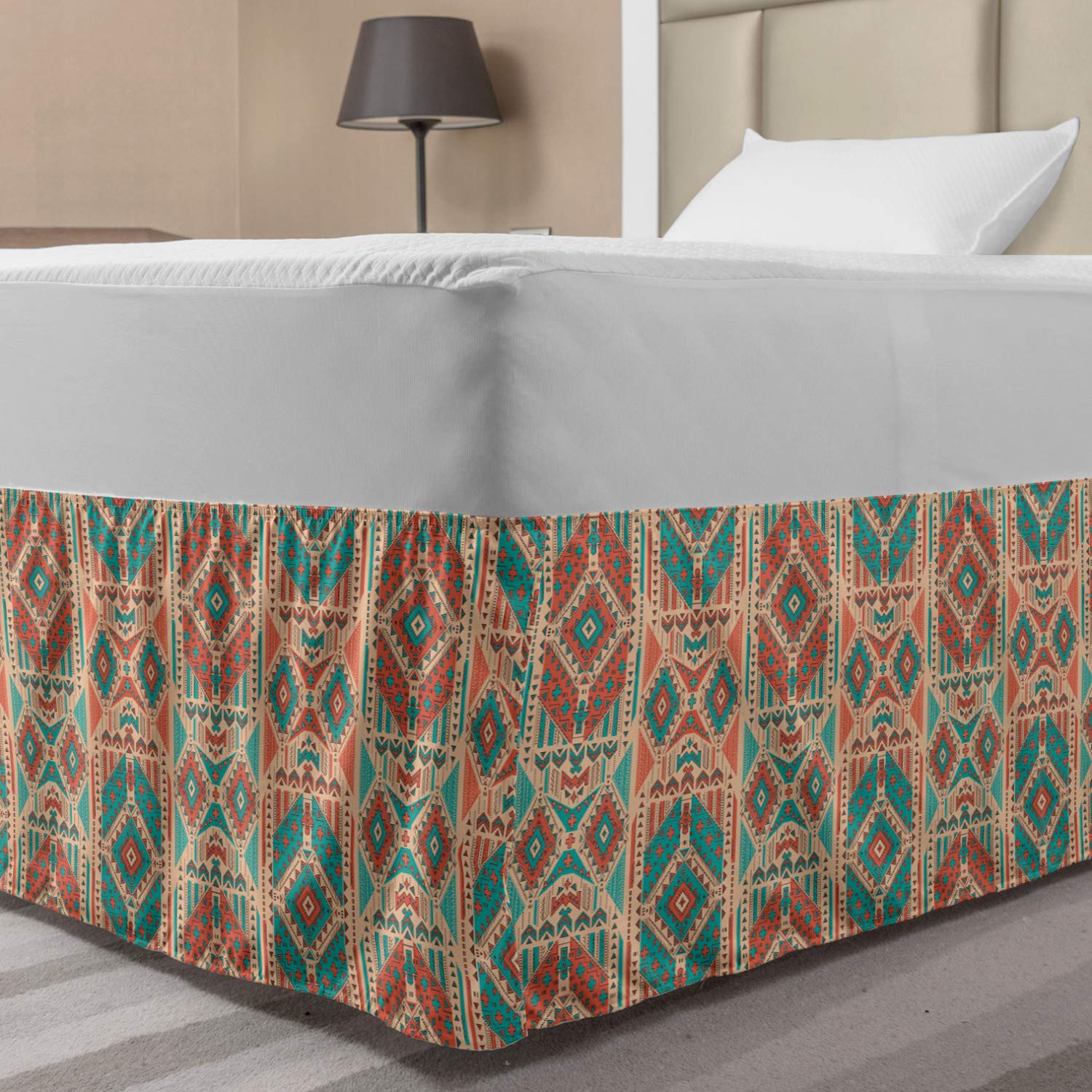 Ambesonne Mexican Elastic Bed Skirt Vintage Pastel Toned Geometric Composition American Motifs Wrap Around Fabric Bedskirt Dust Ruffle