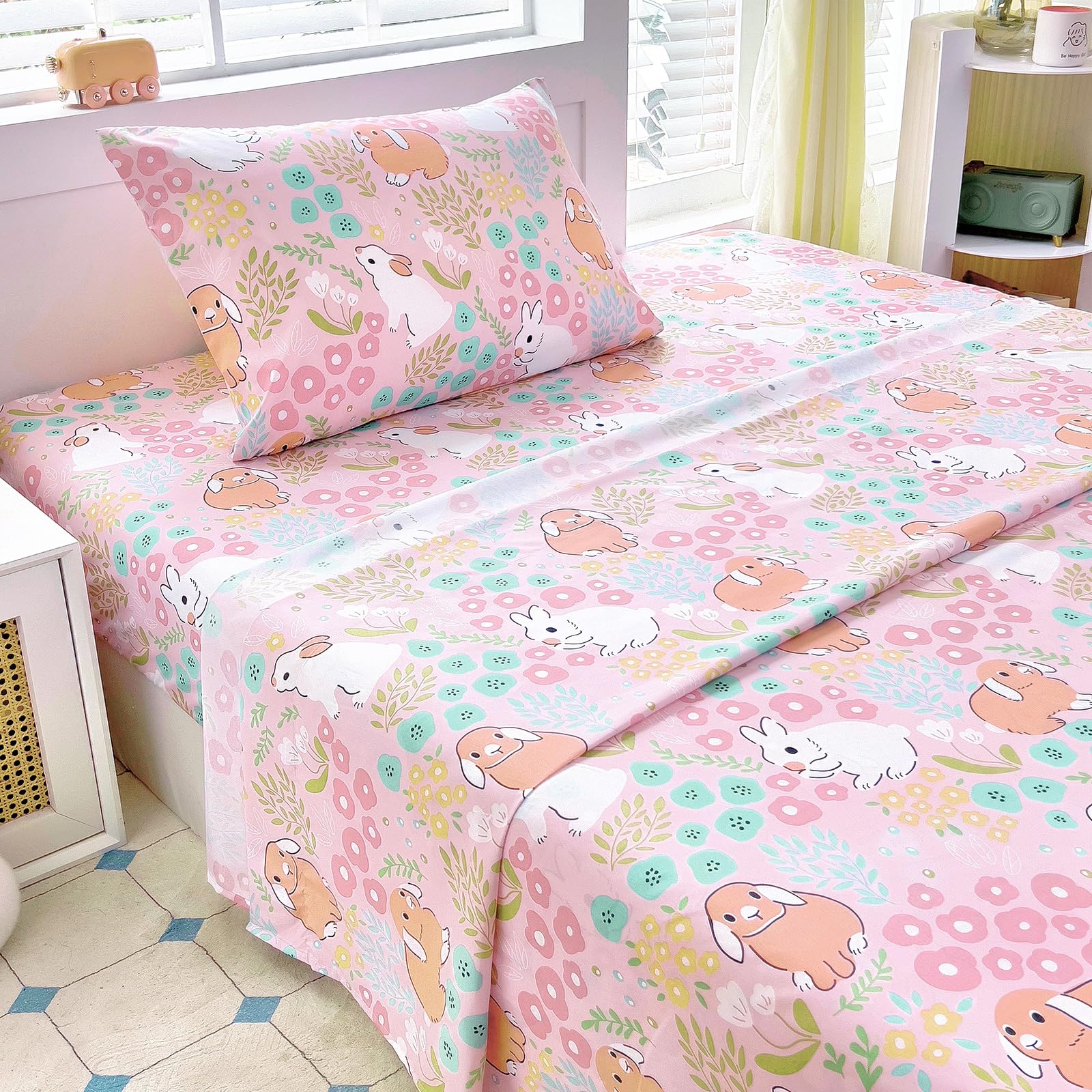 Twin Sheet Set Kids - Light Pink 3 Pieces Soft Microfiber Cartoon Style Bedsheets for Boys Girls Teens, Oeko TEX Breathable 15 Inch Deep Pocket Sheets(Cute Rabbit)