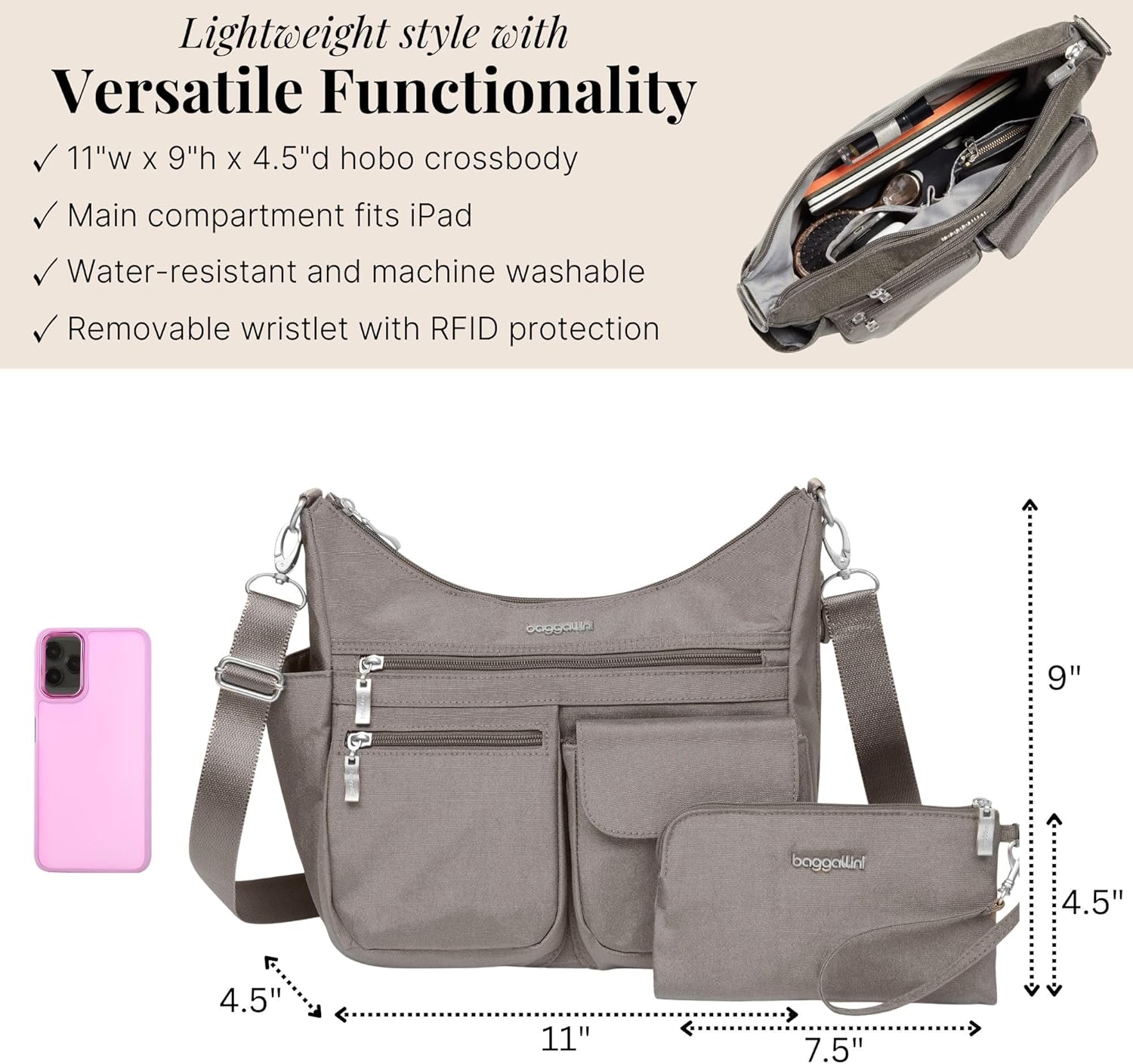 Baggallini Modern Everywhere Crossbody Bag for Women 11x9x4.5 Rfid Hobo Bag - Image 5