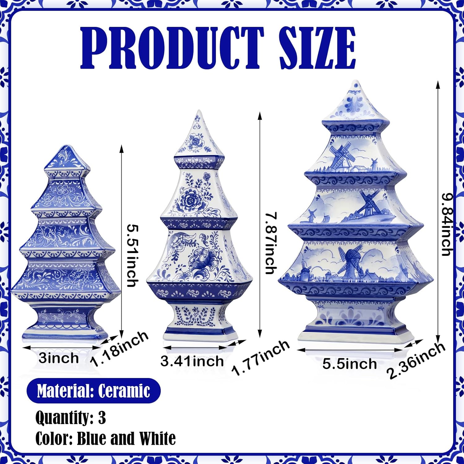 Soaoo 3 Pcs Blue and White Ceramic Christmas Tree Decor - Delft Blue Chinoiserie Porcelain Mini Chic Ceramic Tree for Christmas Village Indoor Decorations