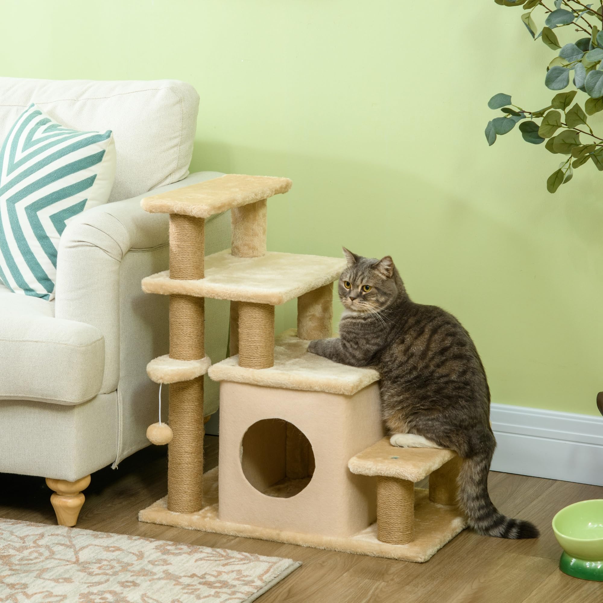 PawHut Hundetreppe 3/4 Stufen 66 cm Hoch Haustiertreppe mit Schlafhöhle, Rampe, Sipielball, Katzentreppe für mittelgroße Katze Hunderampe Einstiegshilfe für Bett, Sofa, Couch, Beige