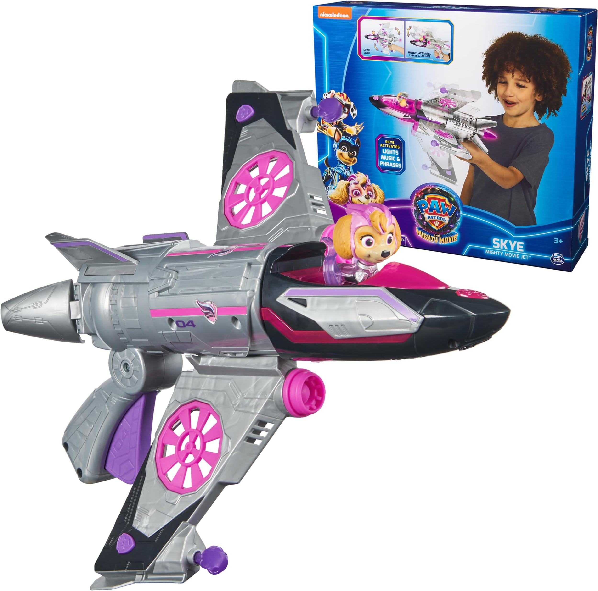 Paw Patrol: The Mighty Movie, Transforming Rescue Jet with Skye Mighty Pups Action Figure, Lights and Sounds, Kidsโ Toys for Boys and Girls 3+