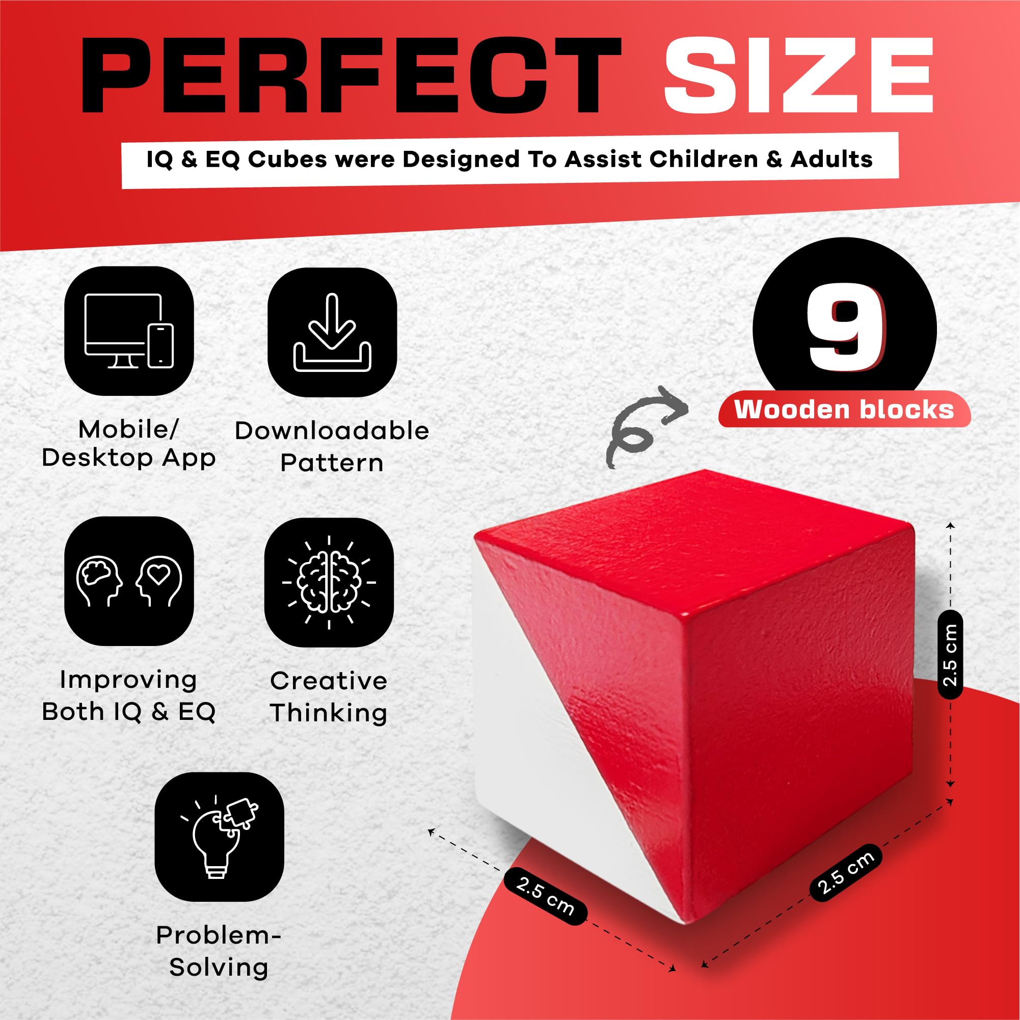 PrfcNL Blocchi di prova IQ PrfcNL - 9 cubi in legno bianco e rosso con 60 modelli e app mobile, ideali per WISC, WAIS, prep WPPSI, giocattolo regalo Montessori educativo STEM Montessori per tutte le e