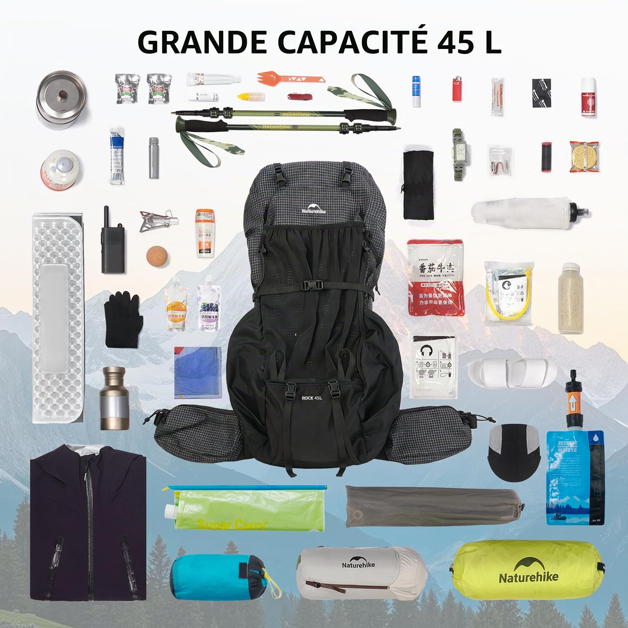 Naturehike Sac à dos Rock 2.0 amélioré 30/45/60L avec cadre intérieur Sac à dos de randonnée pour hommes et femmes avec protection contre la pluie Sacs à dos de trekking pour l'extérieur, le camping