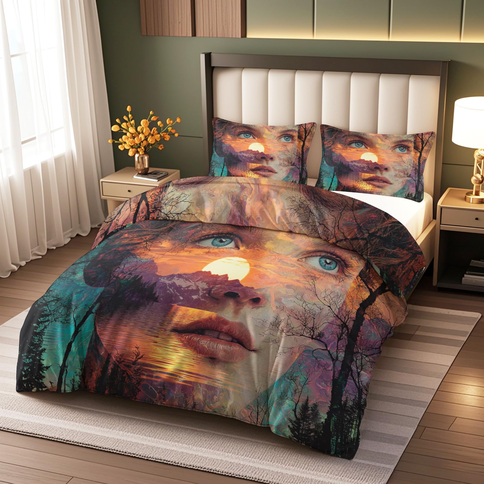 Premium XXL Bettwäsche 240x220 Übergröße, Malerei Kunstwerk Musterung Bettbezug inklusive 2X Kissenbezüge 80x80, Double-Face Optik Mikrofaserstoff, Kuschelig Bettgarnitur für Pärchen, Wohndekoration