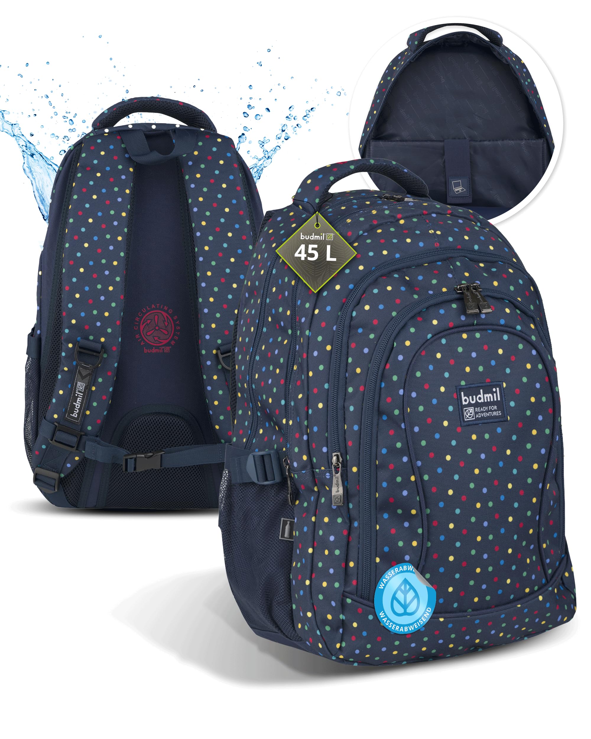 budmilLynsey School Backpack for Boys and Girls 45L - for Teenagers Children from Class 5 - Water-Repellent - Backpack with Laptop Compartment & 4 Compartments & Ventilated Back