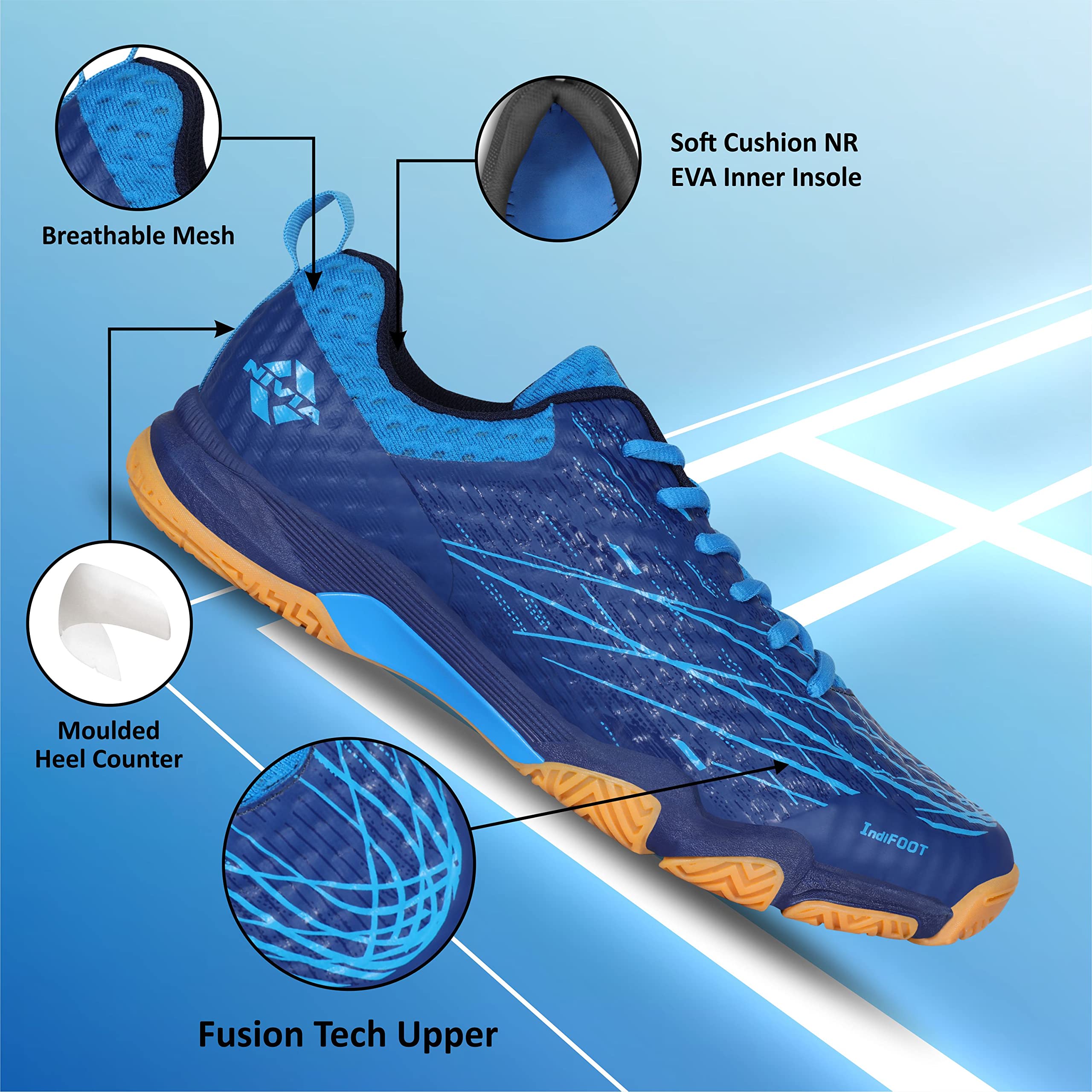 Nivia Powerstrike 3.0 Badminton Shoes for Men, Spacer Mesh & PU Synthetic Upper, Duofoam Midsole, Non‑Marking Herringbone Round Sole with TPU Shank (Black/Blue), UK12