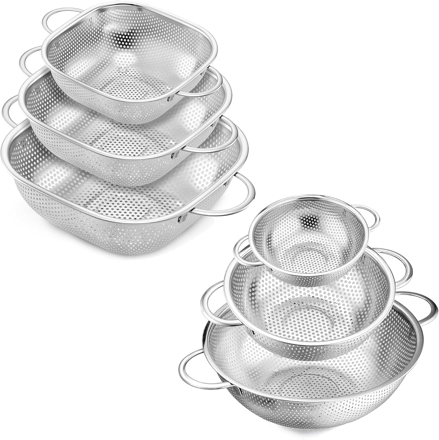 E-far Stainless Steel Colander Set of 3 and 3 Pack Colander for Kitchen Bundle, Micro-Perforated Metal Colander Strainer with Handle for Kitchen, Square Stainless Steel Metal Strainer Colander