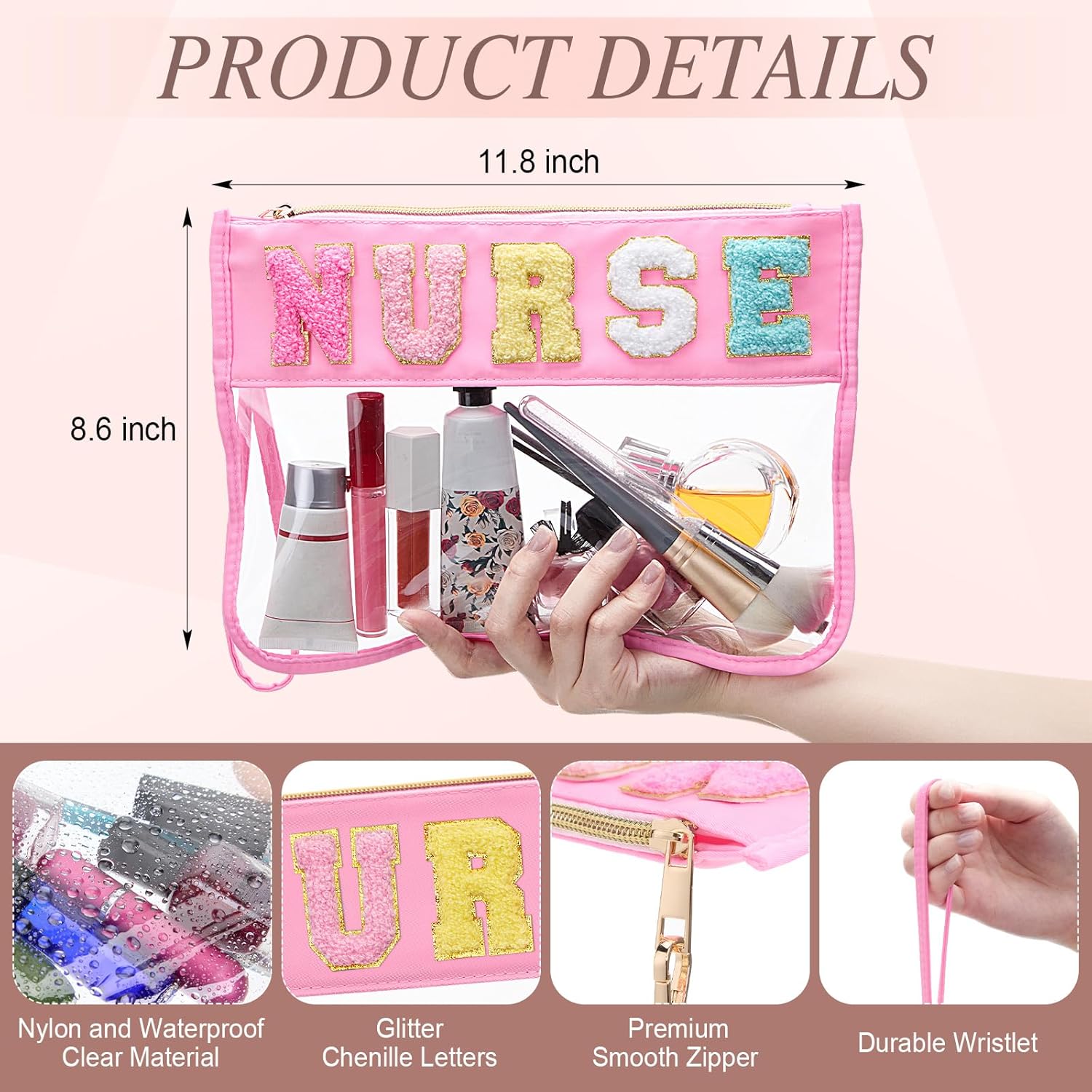 Kacctyen 6 Pcs Nurse Bags Chenille Letter Clear Makeup Bag with Zipper Waterproof Cosmetic Toiletry Pouch with Handle Gym Travel Summer Gifts for Girls Women Nurse (Multicolor, Nurse) - Image 2