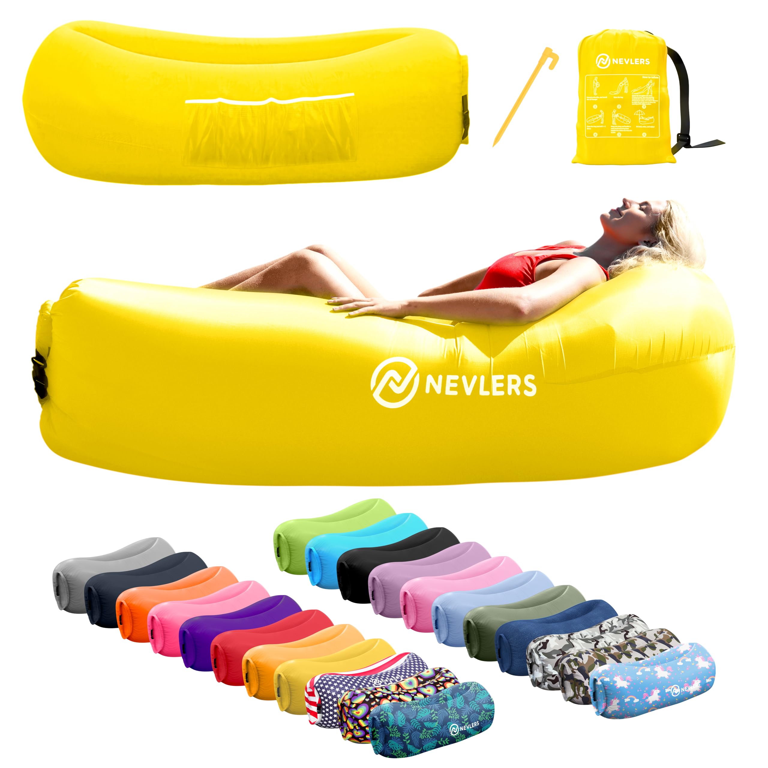 Nevlers Yellow Inflatable Lounger | 210T Polyester Air Couch | No-Pump Blow Up Chair | Inflatable Chair w/ 450lbs. Cap., Pockets & Matching Bag | for Use as Outdoor Inflatable Couch for Adults & Kids