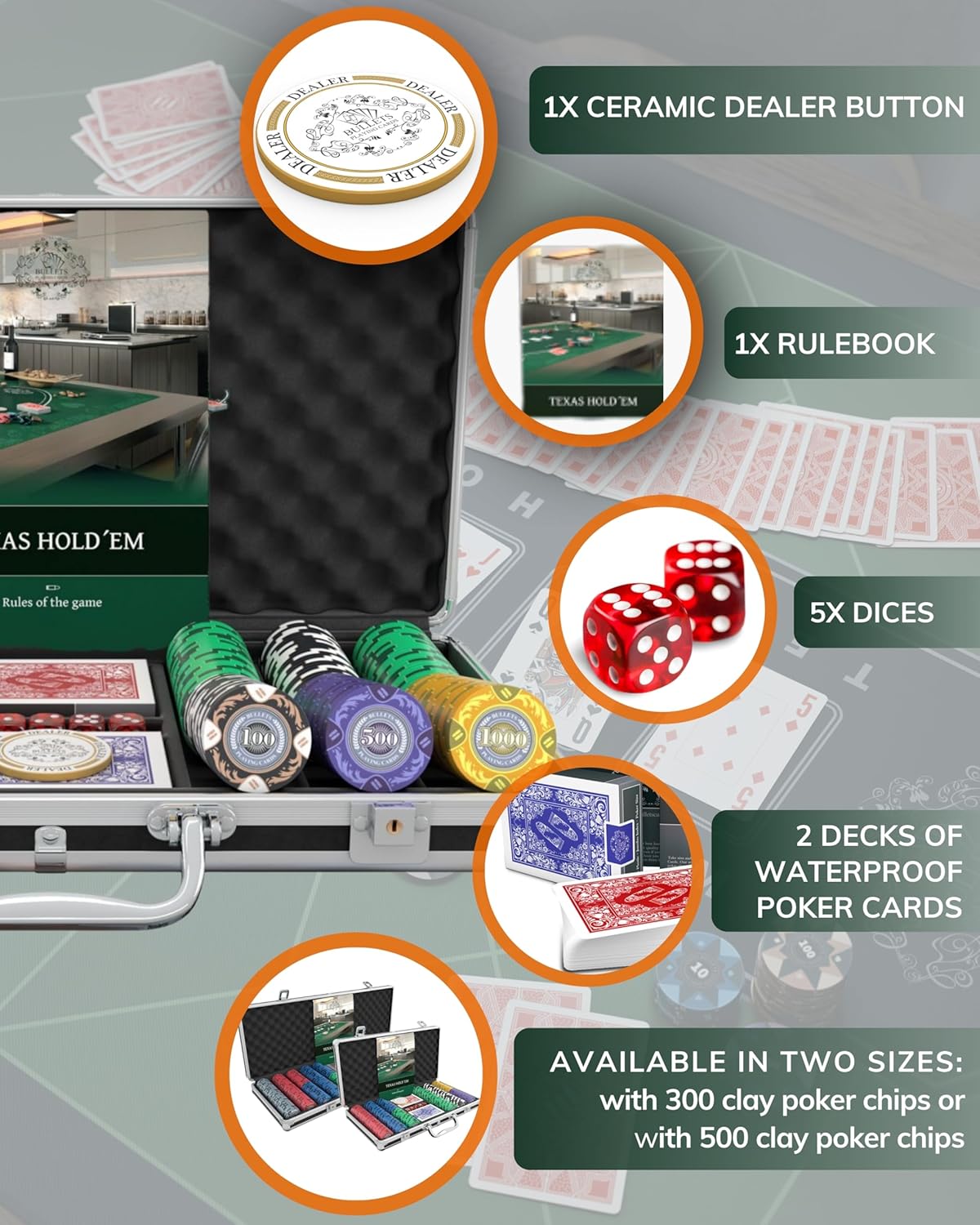 Bullets Playing Cards | Poker Set Tony | 300 Clay Poker Chips (14 g) with Aluminum Case, Plastic Playing Cards & Dice – Texas Hold’em, Numbered Values