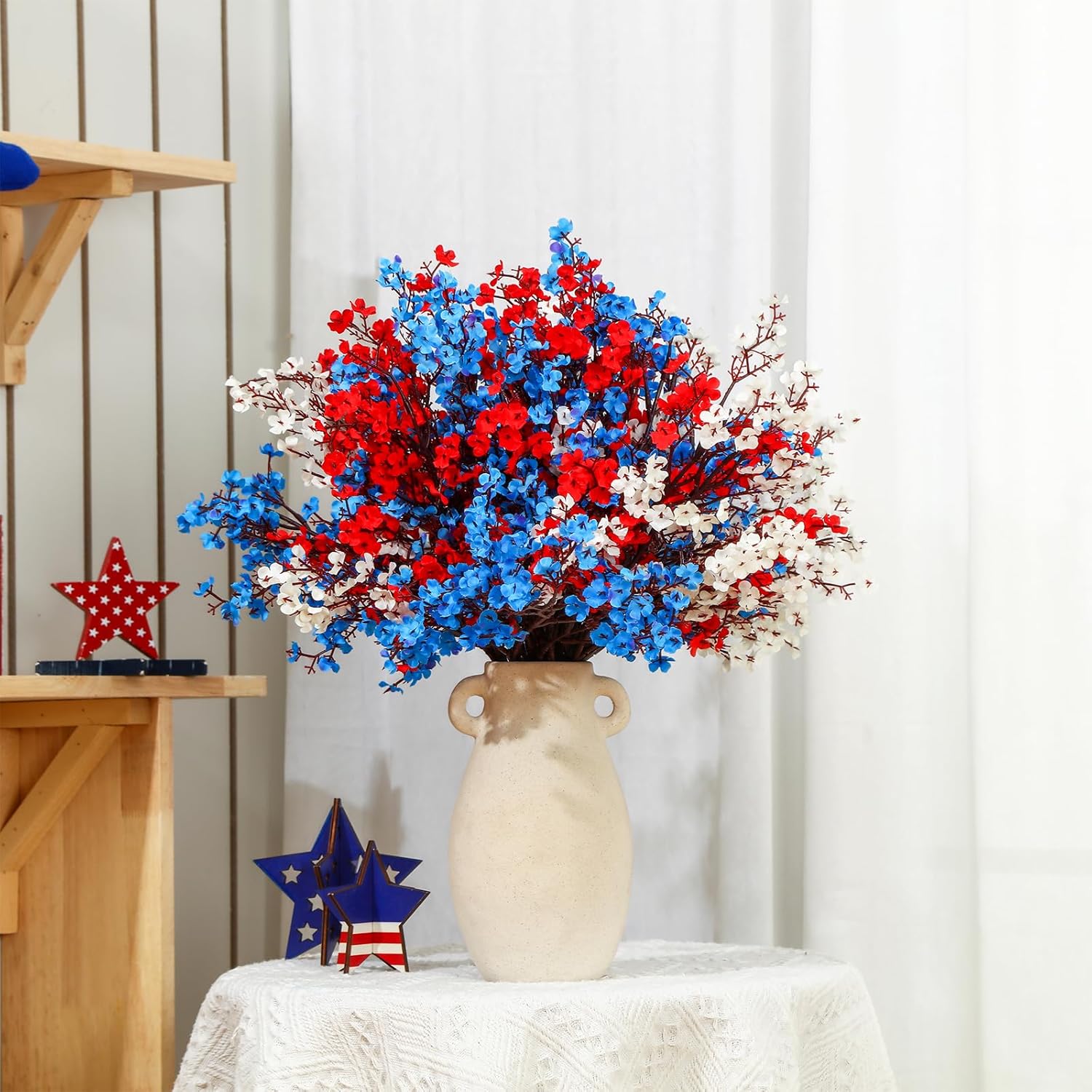 Lyrow 24 Pcs Red Blue White Patriotic Artificial Flowers 4th of July 250th Anniversary Table Centerpieces Decor Fake Babys Breath Pick Stems Floral Arrangement for Veterans Memorial Day Home Outdoor