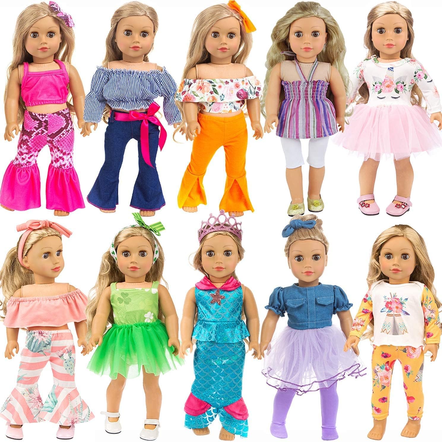 ZITA ELEMENT 10 Complete Sets 18 Inch Doll Clothes Dress and Accessories for 18 Inch Girl Doll Generation Life Doll Clothes Outfits, Total 24 Pcs Doll Clothes for 18 Inch Dolls Xmas Gift