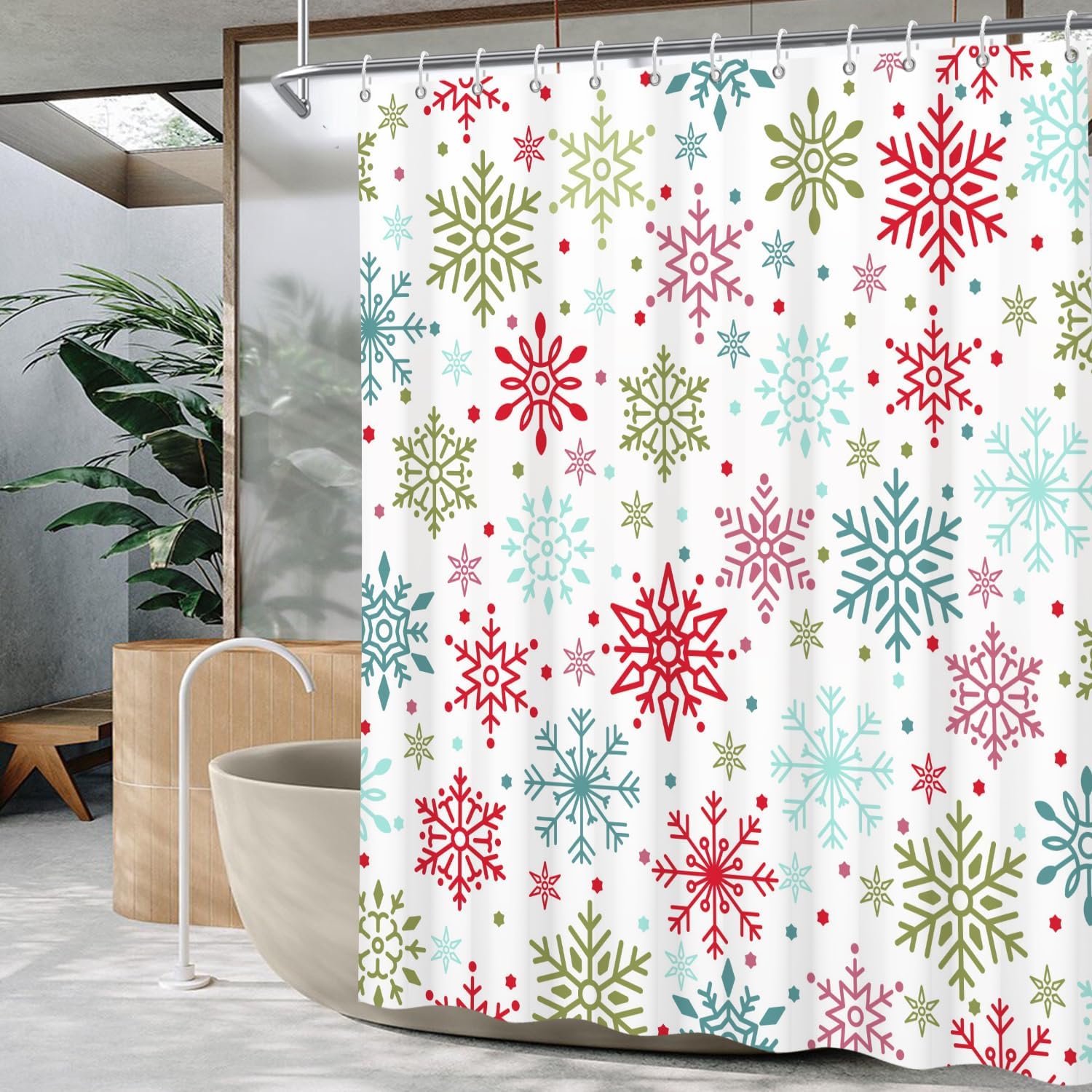 Abstract Snowflake Shower Curtain Boho Mid Century Snowflakes Shower Curtains Winter Christmas Red Blue Green Shower Curtain Sets for Bathroom Extra Long 72x84 in with 12 Hooks