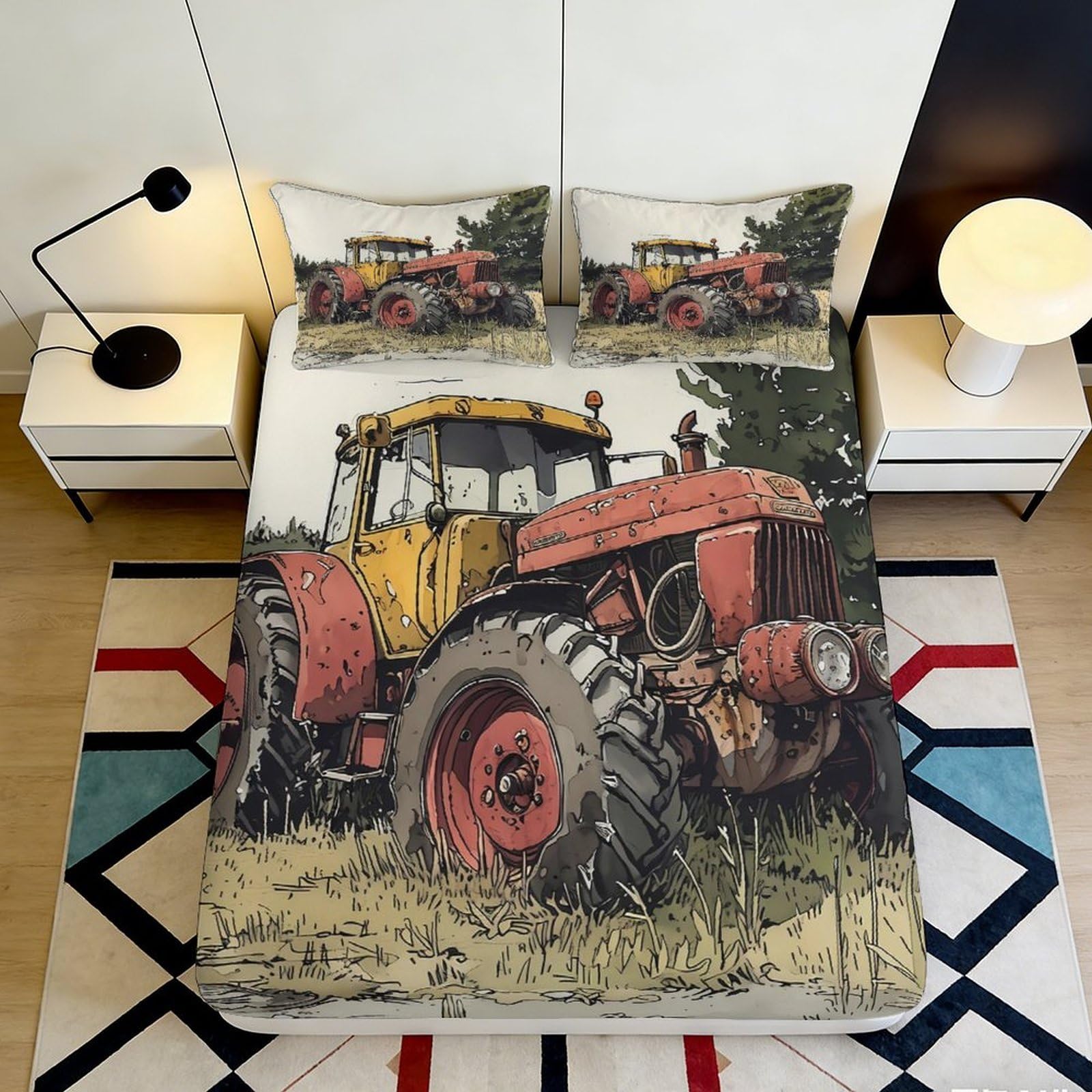 3D Printed Vintage Tractor Fitted Sheet Microfiber Durable Soft 3D Printed Farm Vehicle Mattress Cover for Bedroom Dormitory Guest Room Decor 90x200x25cm