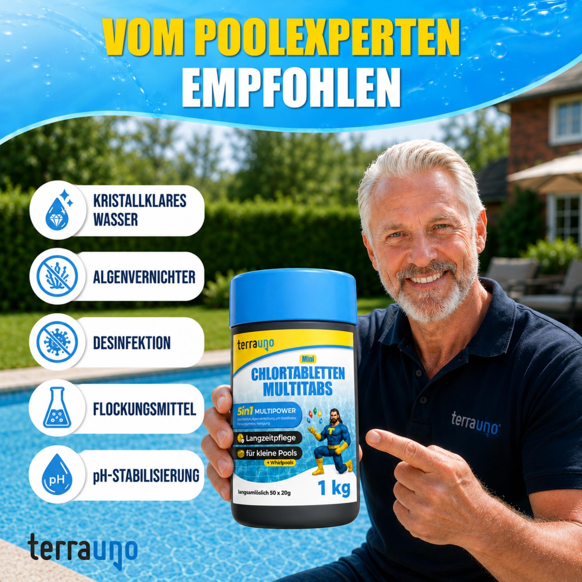 TerraUno Mini Chlortabletten Pool 1 kg, 20g Multitabs 5 in 1 langsamlöslich, Multifunktionstabletten mit Langzeitpflege für Pools, Planschbecken und Whirlpools, Aquamarin für kristallklares Wasser