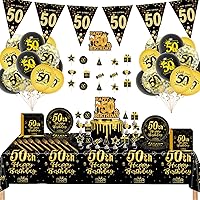 Vista 1 de Suministros de decoración de fiesta de cumpleaños número 50 para hombres y mujeres, incluye 16 platos, 20 servilletas, 1 mantel, 1 pancarta, 16