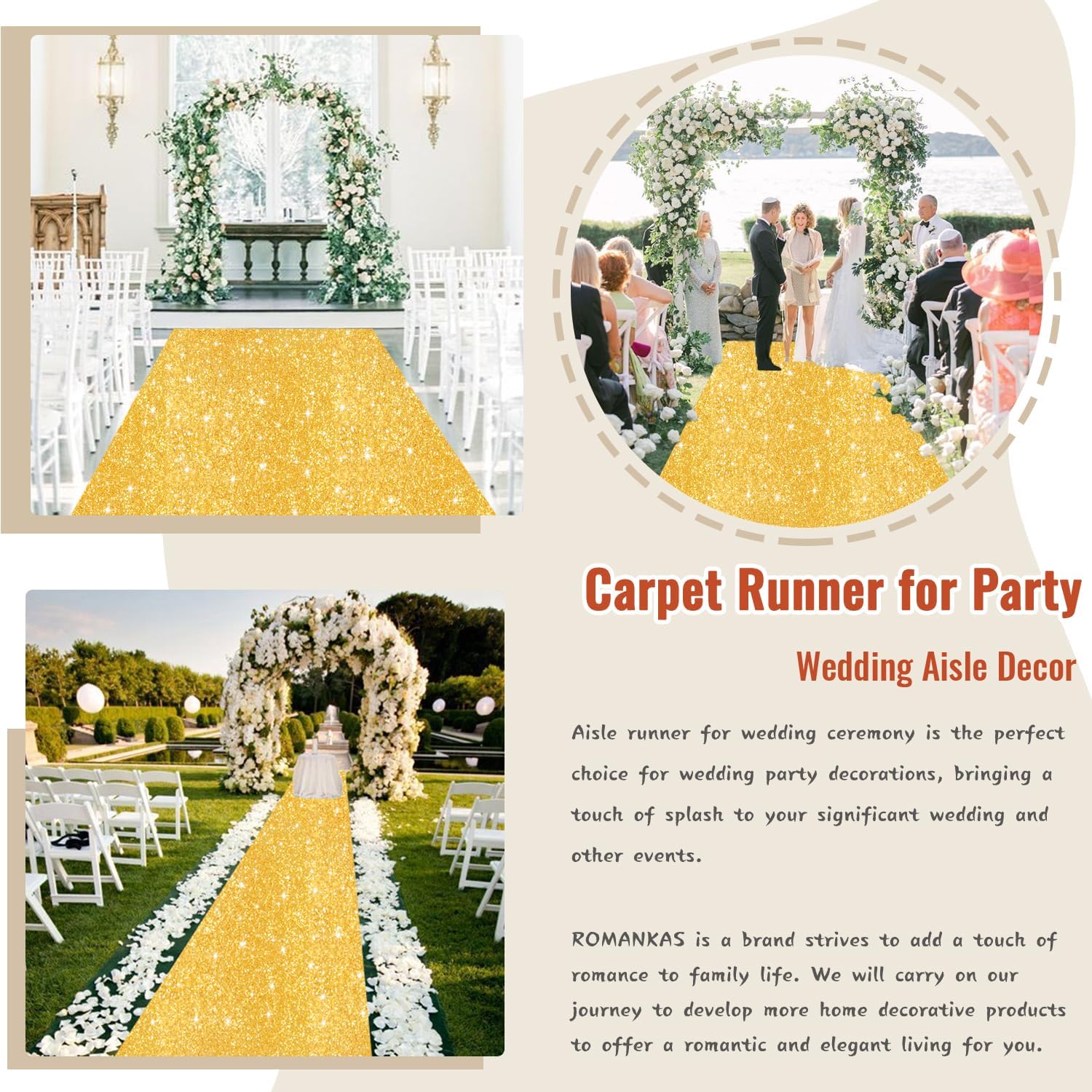 Gold Aisle Runner Glitter Carpet Runner for Party 4FTx15FT Sequins Fabric Aisle Runner Rug Sparkly Hallway Runner Rug Vintage Wedding Ceremony Runner Aisle Indoor Outdoor Aisle Decor